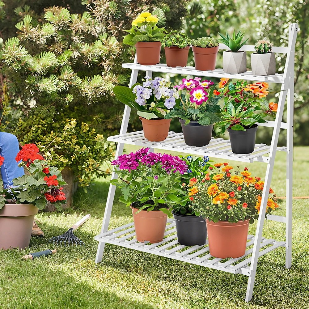 Foldable 3-Layer Flower Pot Rack Balcony Garden Plant Display Wooden Ladder Rack Indoor and Outdoor
