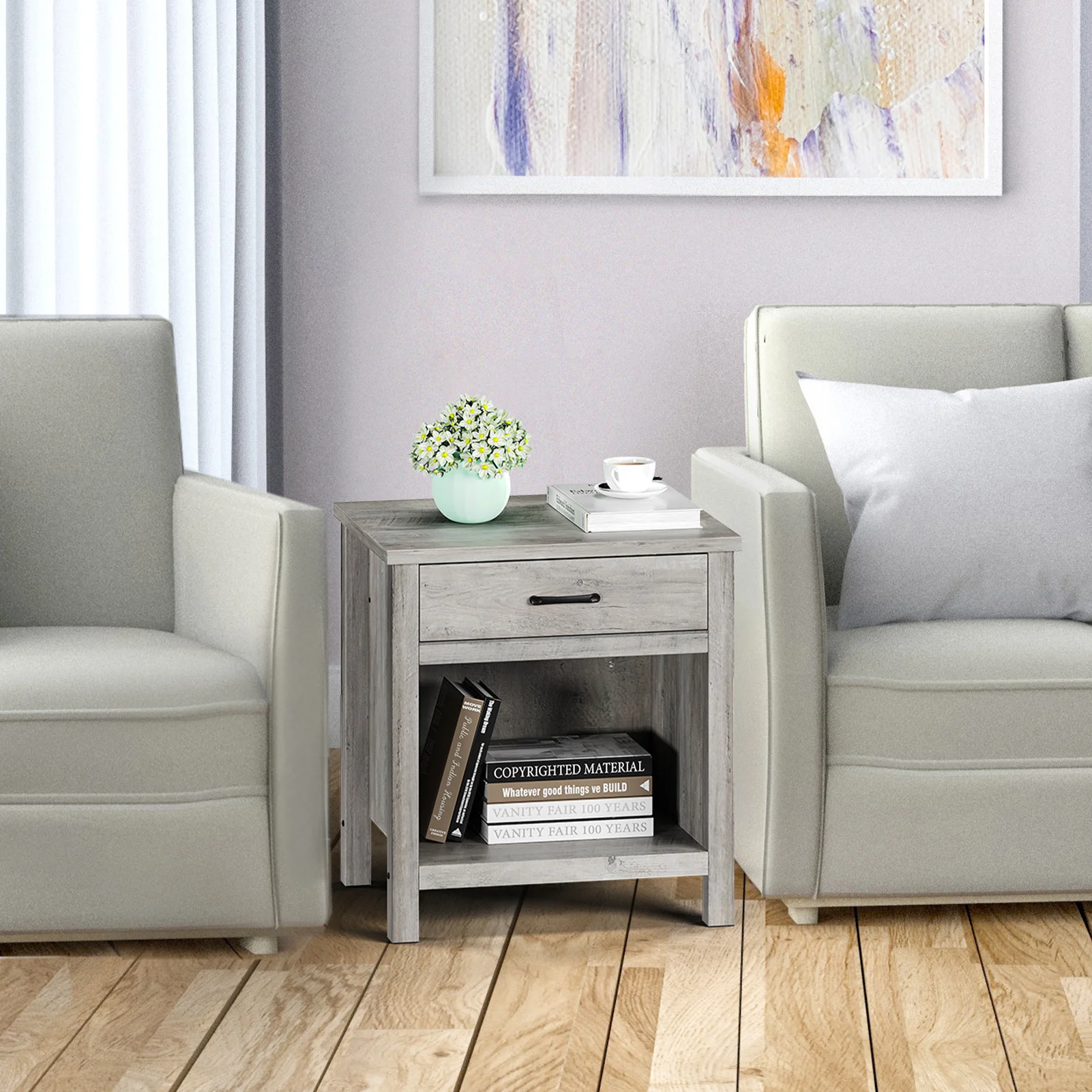 Modern Versatile Nightstand Wooden Beside End Table with Storage Drawer for Bedroom Nursery Living Room Office