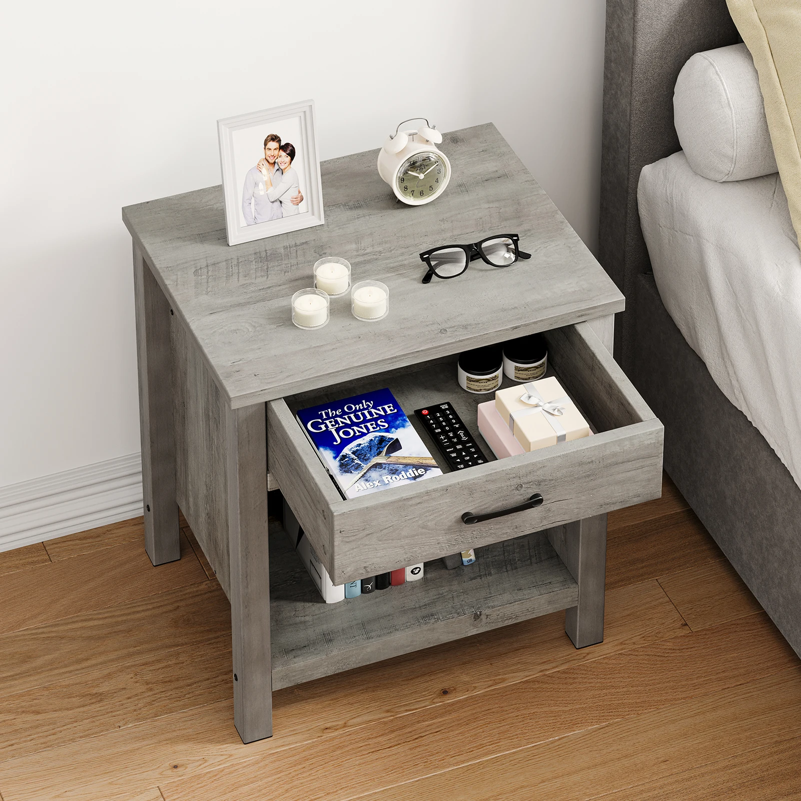 Modern Versatile Nightstand Wooden Beside End Table with Storage Drawer for Bedroom Nursery Living Room Office