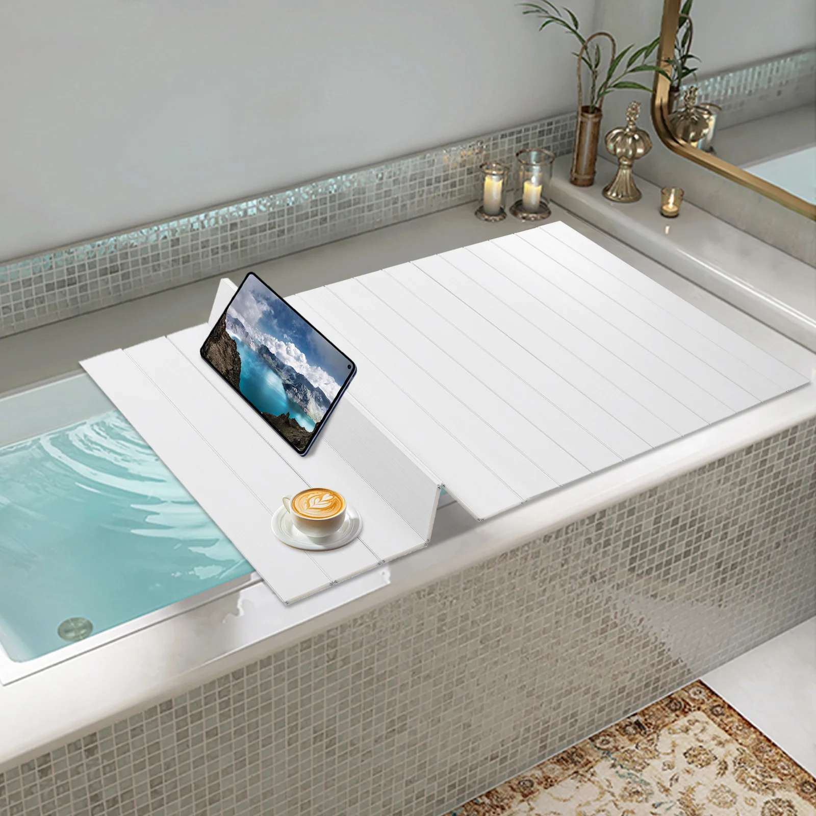 Foldable Bathtub Cover for Heat Retention & Dust-Proof, Fits 67"x28" Standard Tubs, PVC Sturdy Bath Shelf for Storage, White