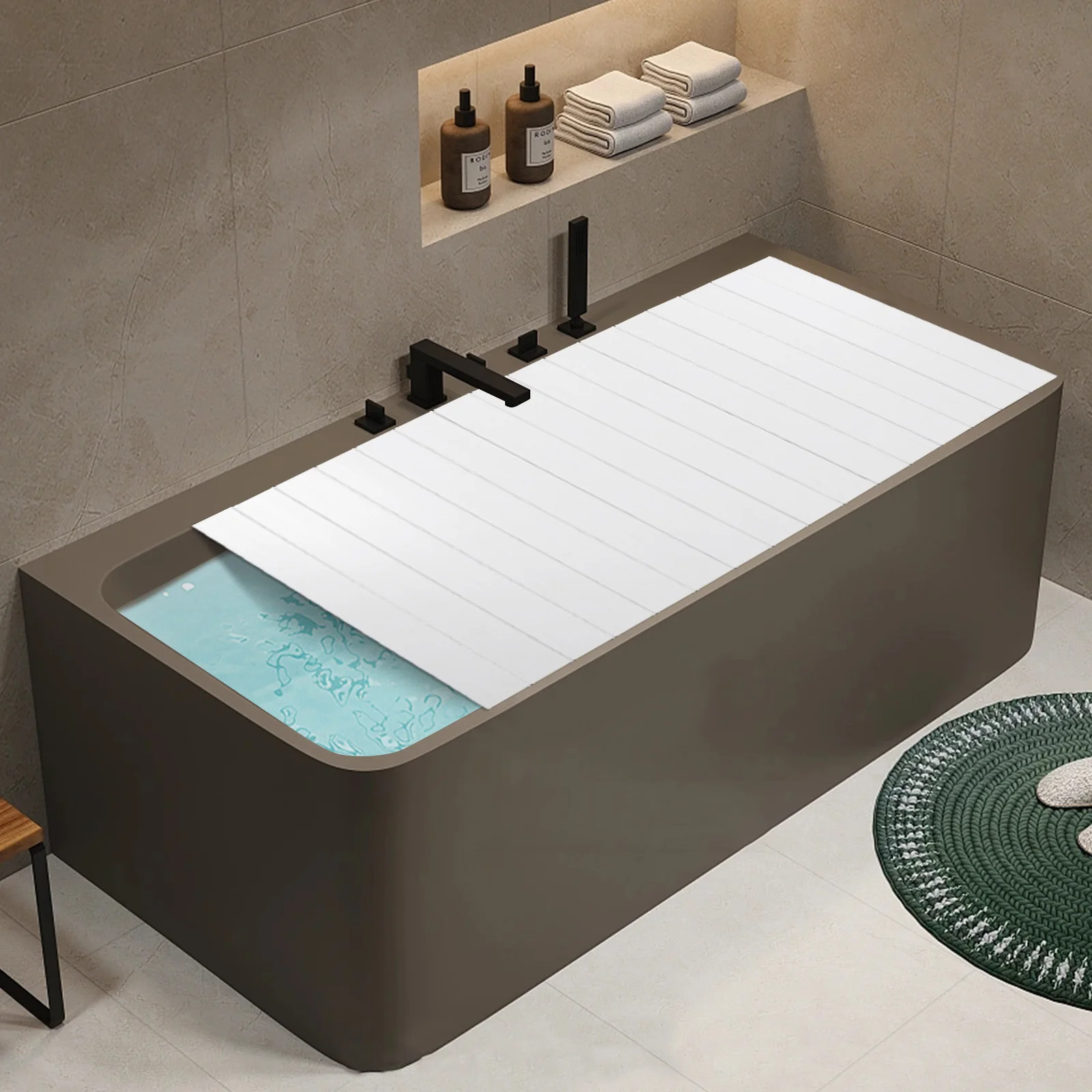Foldable Bathtub Cover for Heat Retention & Dust-Proof, Fits 67"x28" Standard Tubs, PVC Sturdy Bath Shelf for Storage, White