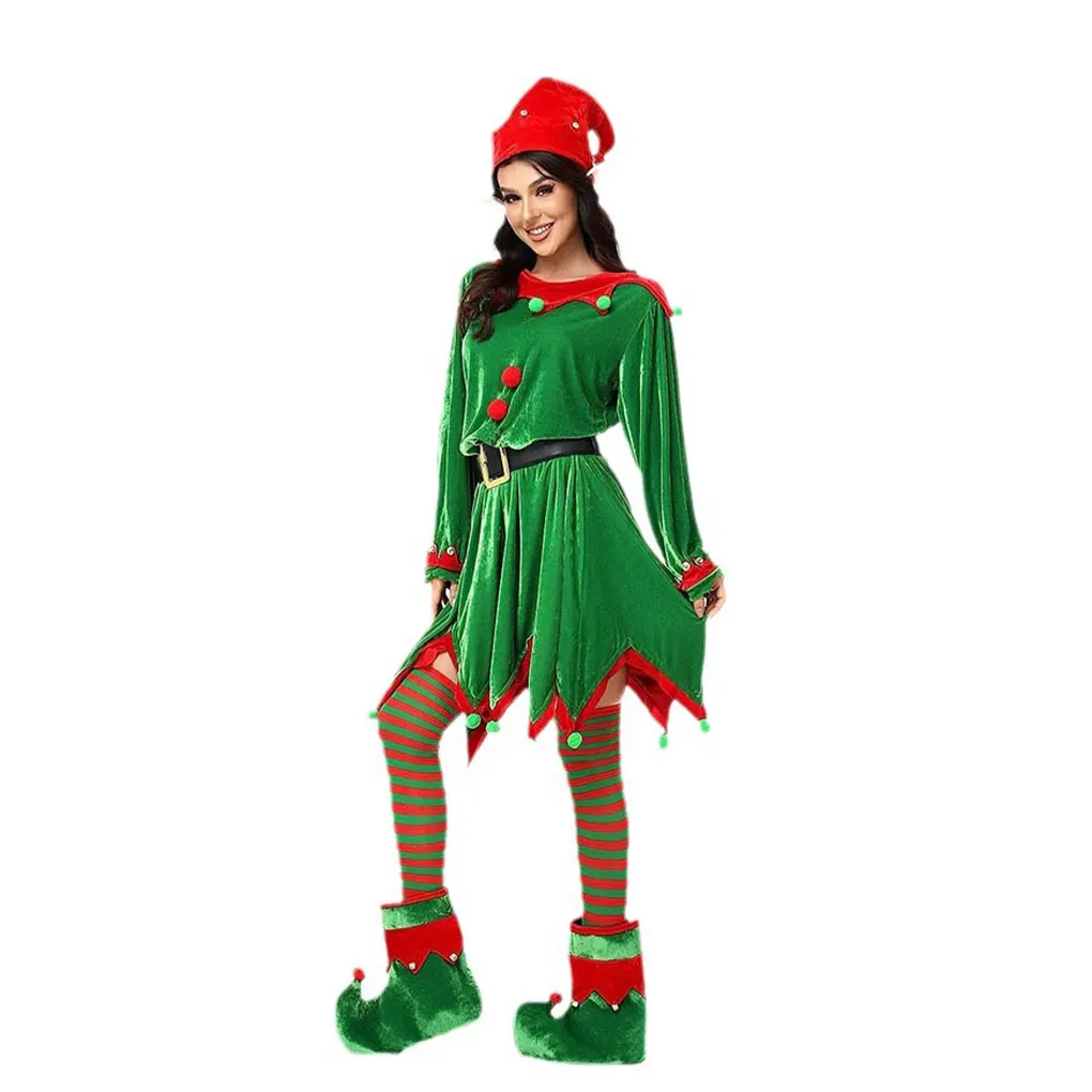 Polyester Santa Claus Costume Deluxe Christmas Outfit For Girls Wide Application Complete Set green XL