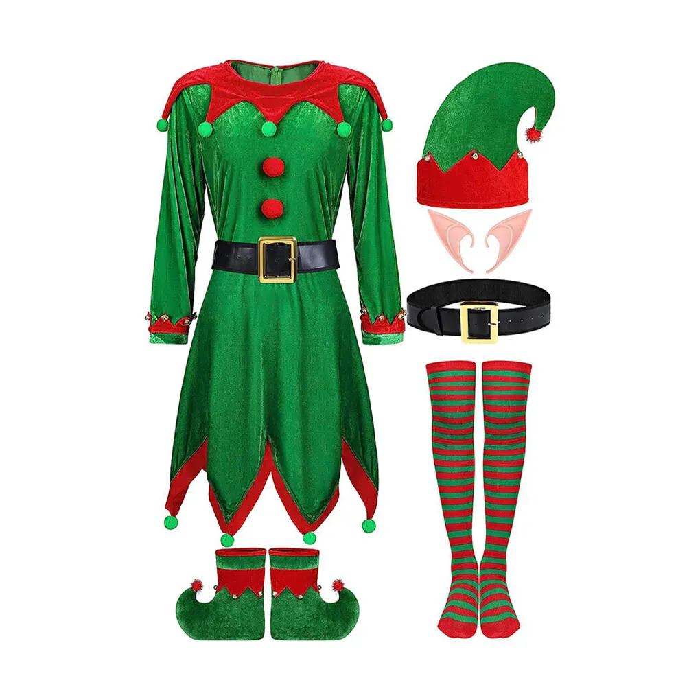 Polyester Santa Claus Costume Deluxe Christmas Outfit For Girls Wide Application Complete Set green XL