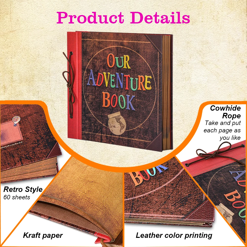 60 pages handmade DIY souvenir photo album our adventure book vintage kraft photo album wedding photo album Mother's Day gifts