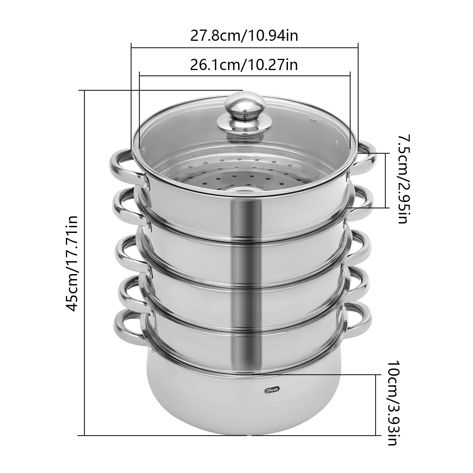 Stainless Steel Steamer with Glass Lid 5 Tier 46.5cm Cookware Cooking Pot Induction Hob Steamer for Dumplings Silver