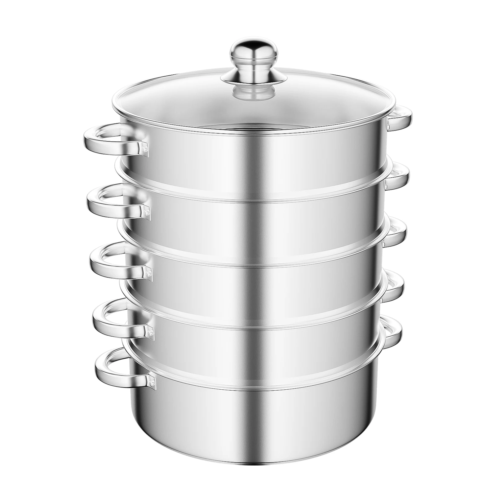 Stainless Steel Steamer with Glass Lid 5 Tier 46.5cm Cookware Cooking Pot Induction Hob Steamer for Dumplings Silver