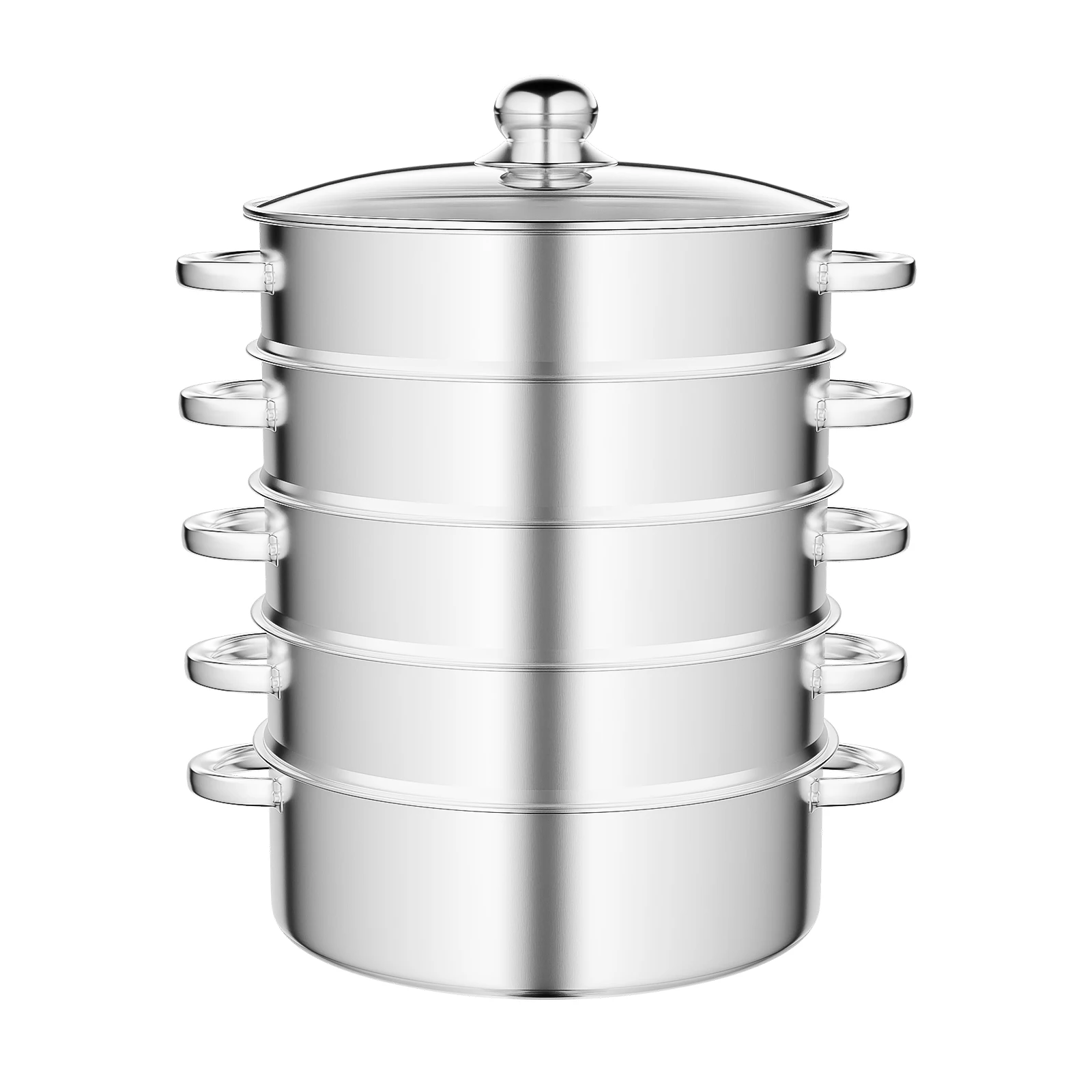 Stainless Steel Steamer with Glass Lid 5 Tier 46.5cm Cookware Cooking Pot Induction Hob Steamer for Dumplings Silver