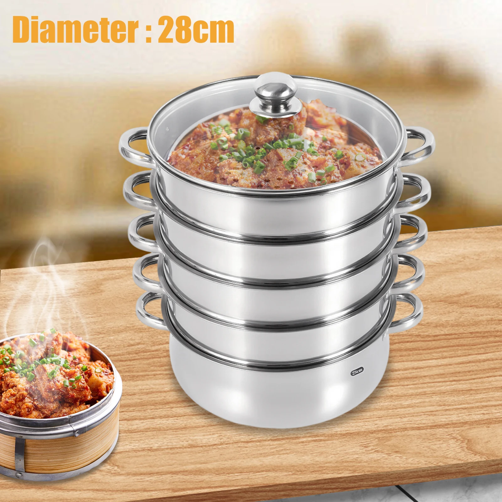 Stainless Steel Steamer with Glass Lid 5 Tier 46.5cm Cookware Cooking Pot Induction Hob Steamer for Dumplings Silver