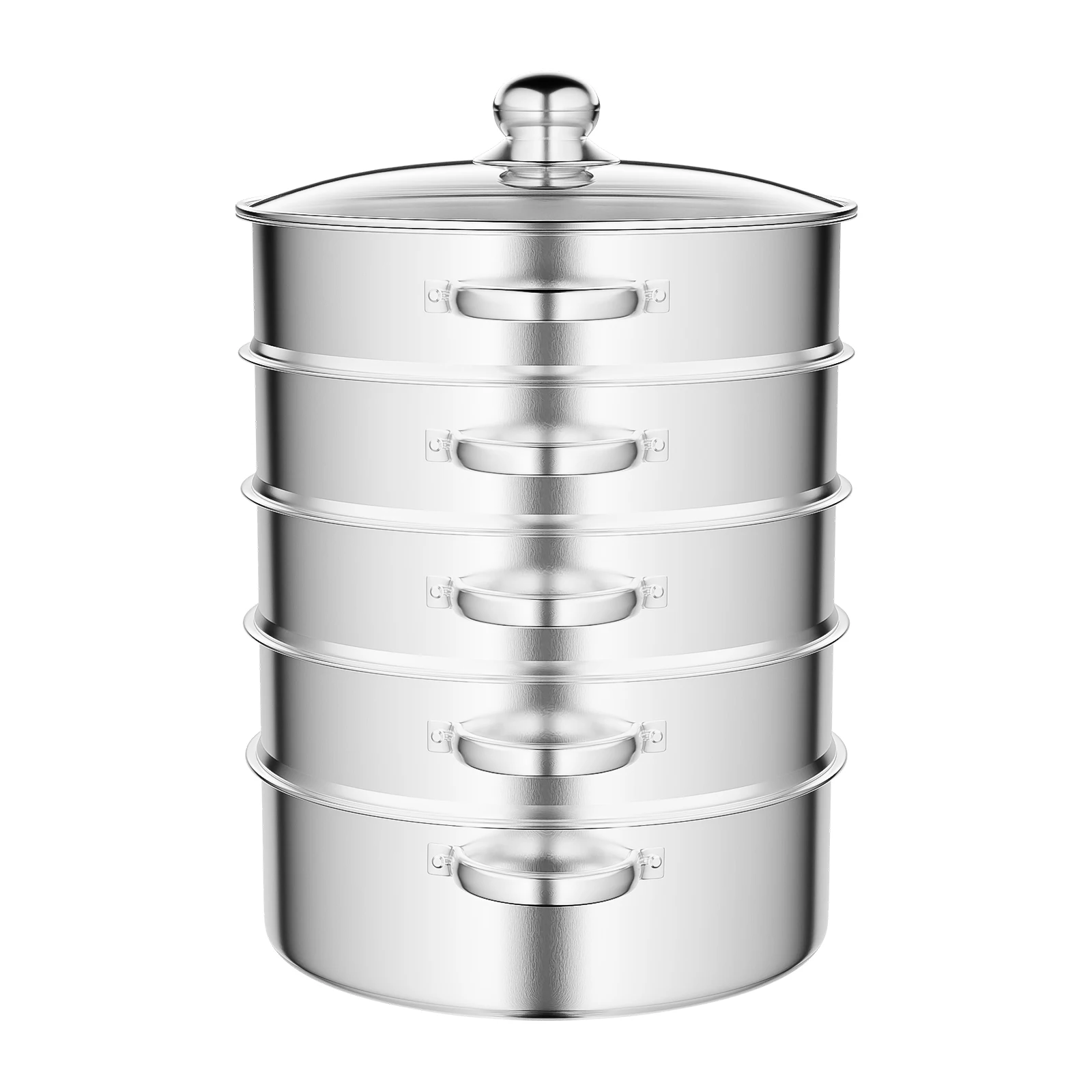 Stainless Steel Steamer with Glass Lid 5 Tier 46.5cm Cookware Cooking Pot Induction Hob Steamer for Dumplings Silver