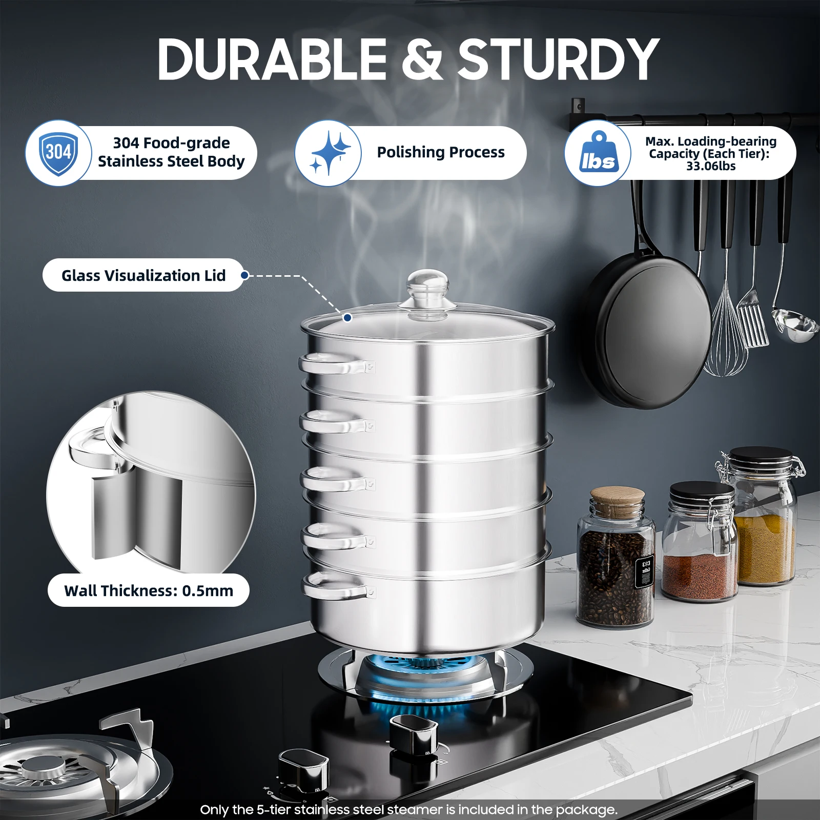 Stainless Steel Steamer with Glass Lid 5 Tier 46.5cm Cookware Cooking Pot Induction Hob Steamer for Dumplings Silver