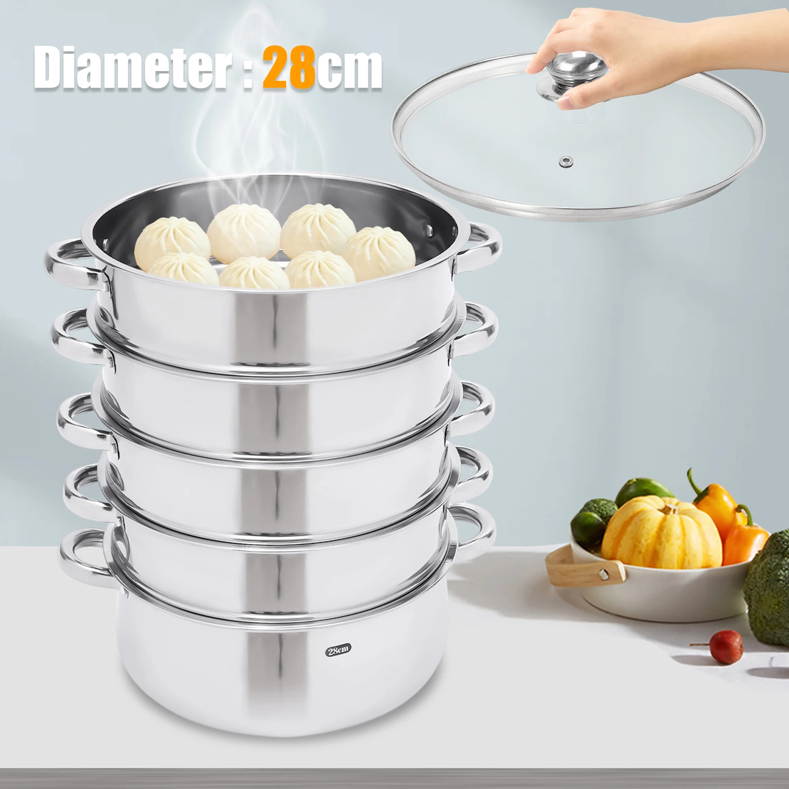 Stainless Steel Steamer with Glass Lid 5 Tier 46.5cm Cookware Cooking Pot Induction Hob Steamer for Dumplings Silver