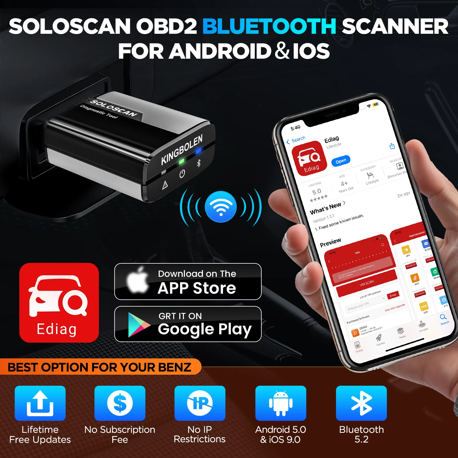 KINGBOLEN Soloscan OBD2 Car Diagnostic Case Scanner for Benz/Maybach/Sprinter,Code Reader with 50+reset Free Lifetime Update