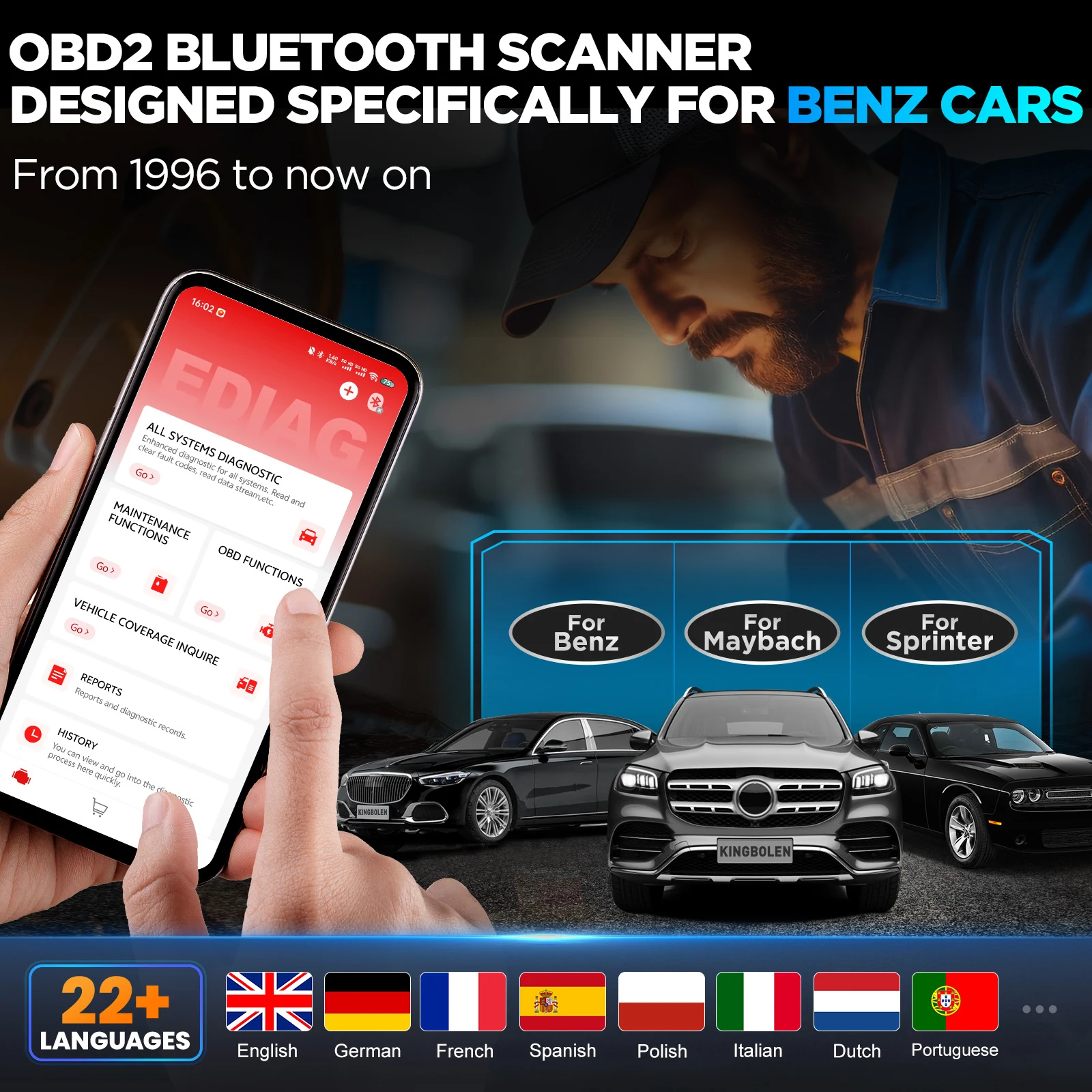 KINGBOLEN Soloscan OBD2 Car Diagnostic Case Scanner for Benz/Maybach/Sprinter,Code Reader with 50+reset Free Lifetime Update