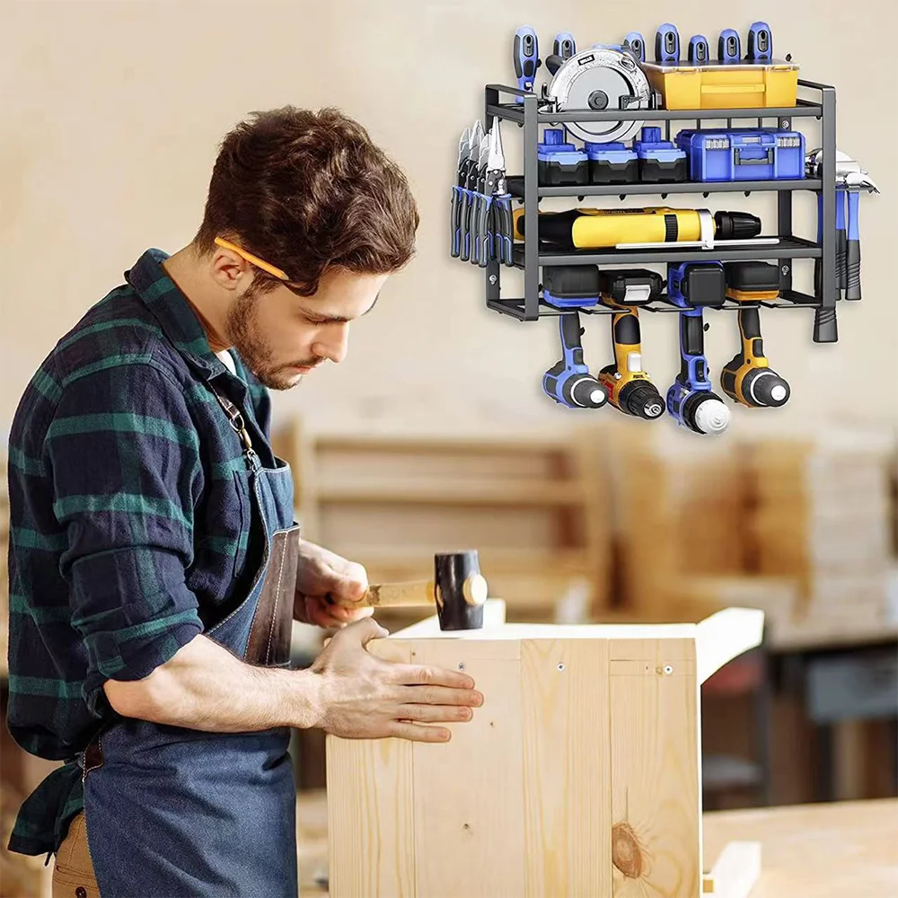 Power Tool Rack Electric Drill Holder Wall Mount Organizer Wrench Screwdriver Power Storage Shelf for Workshop Garage