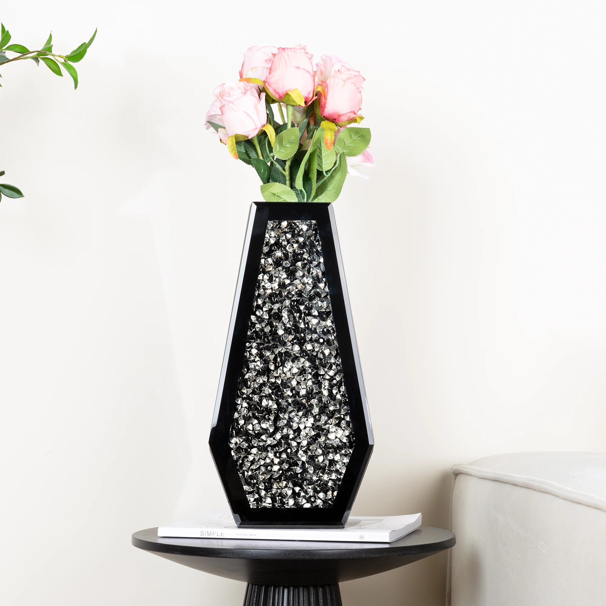 SHYFOY Black Flower Vase Crushed Diamond Glass Vase Large Mirrored Crystal Vases for Centerpieces Tall Floor Vases for Dried and