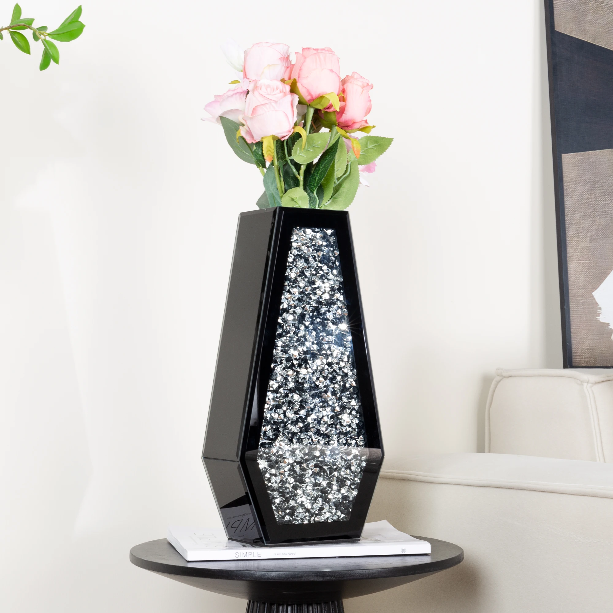 SHYFOY Black Flower Vase Crushed Diamond Glass Vase Large Mirrored Crystal Vases for Centerpieces Tall Floor Vases for Dried and