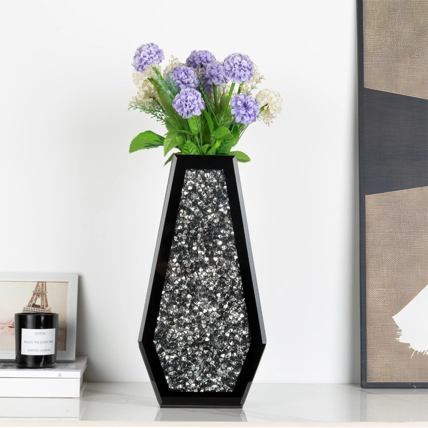 SHYFOY Black Flower Vase Crushed Diamond Glass Vase Large Mirrored Crystal Vases for Centerpieces Tall Floor Vases for Dried and