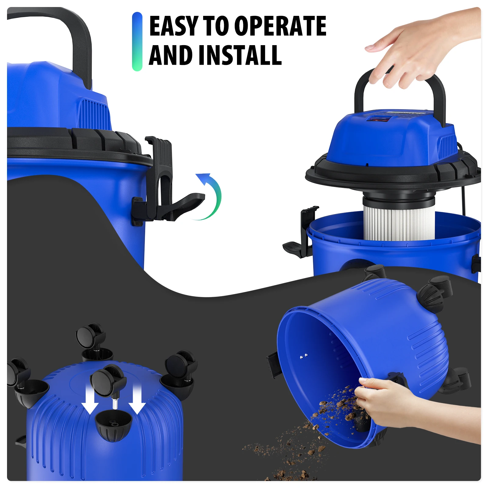 DayPlus 5000W Home/Industrial Vacuum Cleaner, Wet and Dry 3 IN 1 Bagless with HEPA Filter, 16Kpa, 4 Wheels, 15 Litre Capacity