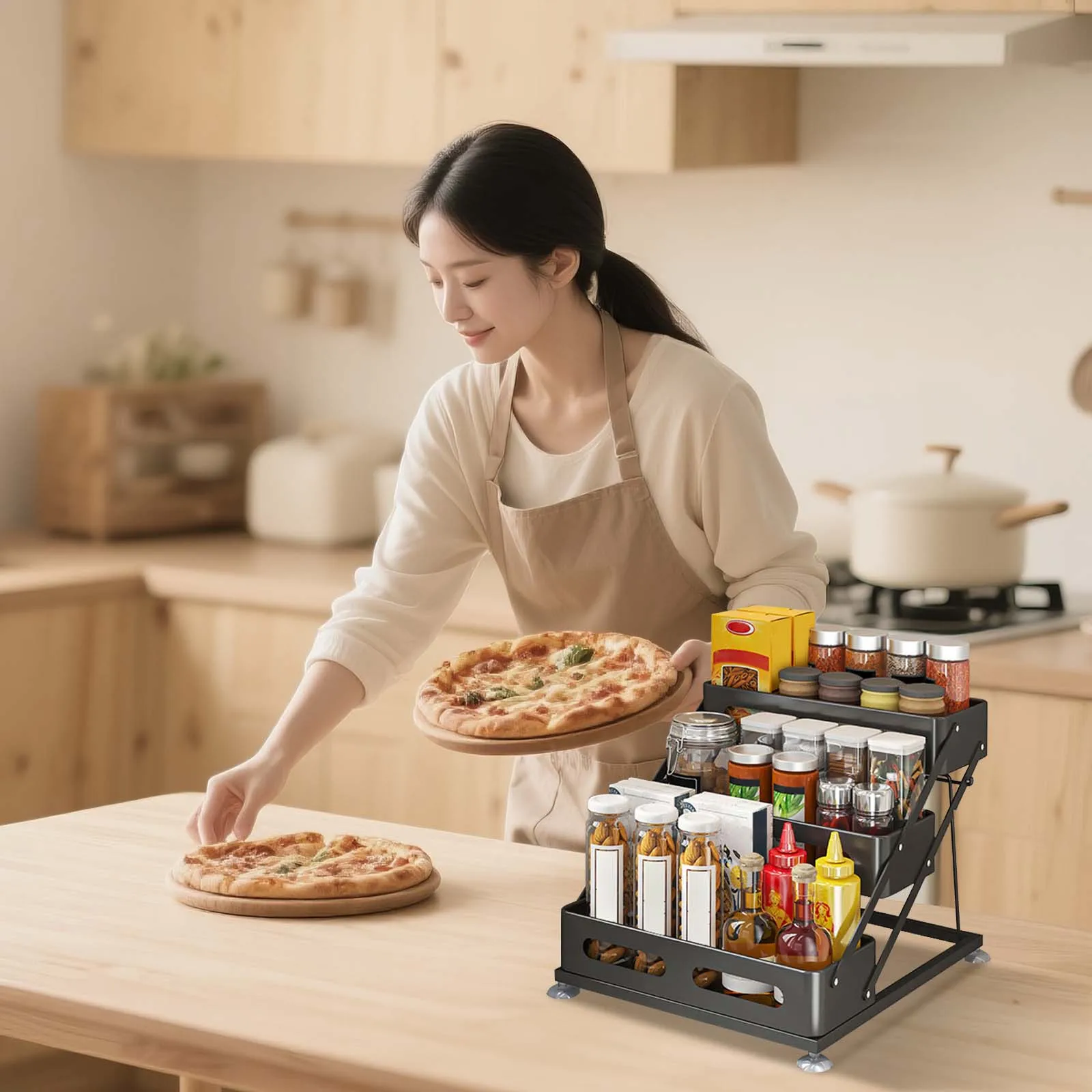 3-Layer Kitchen Spice Rack Adjustable Height Condiment Rack Countertop Height Adjustable Rack Organizer for Kitchen Cabinet