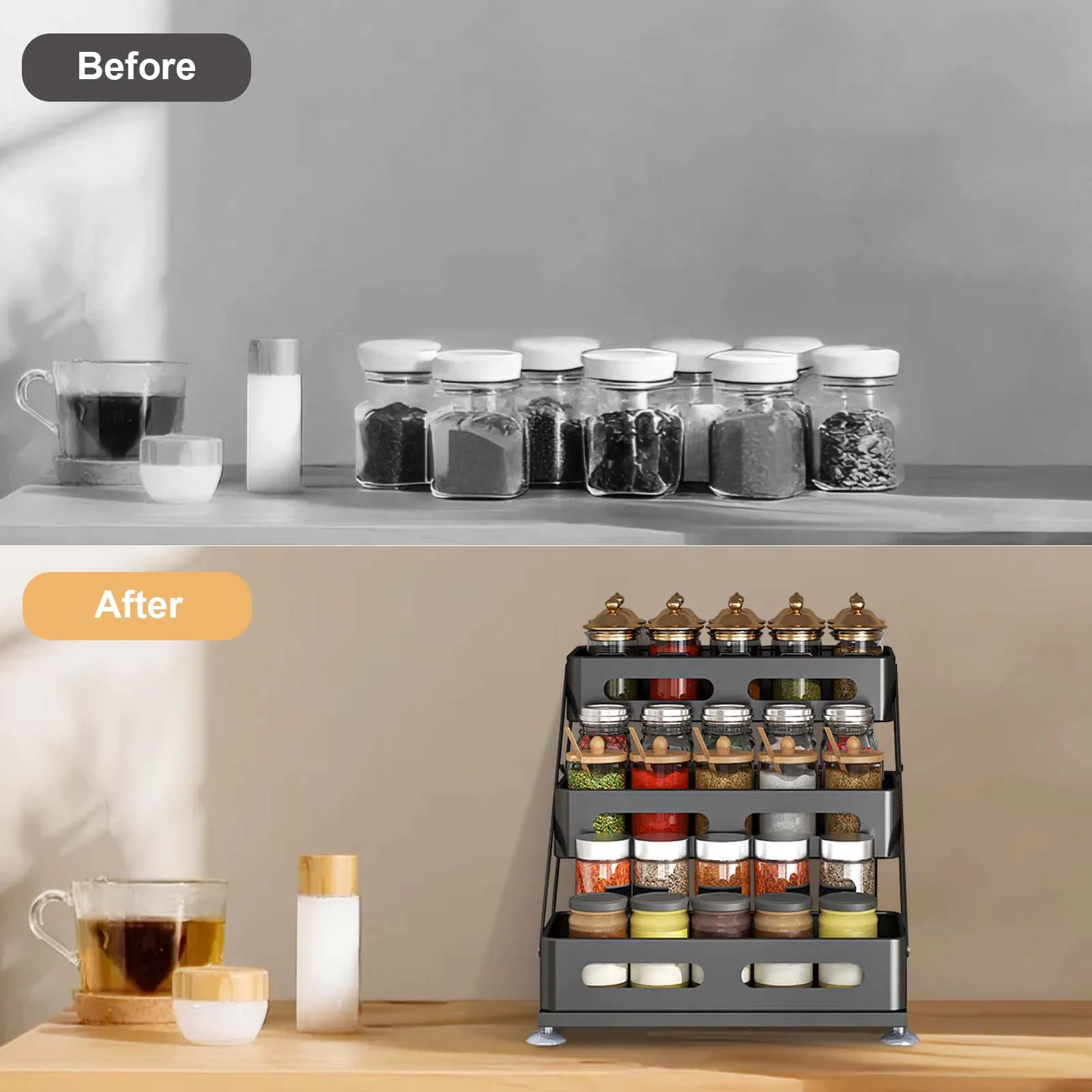 3-Layer Kitchen Spice Rack Adjustable Height Condiment Rack Countertop Height Adjustable Rack Organizer for Kitchen Cabinet