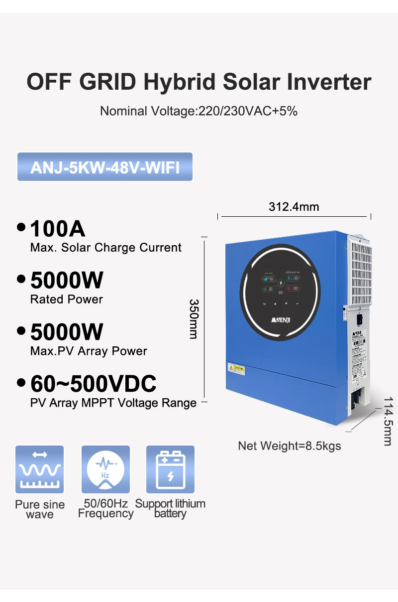 ANENJI 5KW 48V 4KW Dual output Hybrid Solar Inverter 100A MPPT Pure Sine Wave Solar Controller Dual Input PV 500VDC with WiFi