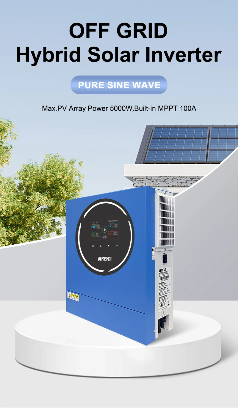 ANENJI 5KW 48V 4KW Dual output Hybrid Solar Inverter 100A MPPT Pure Sine Wave Solar Controller Dual Input PV 500VDC with WiFi