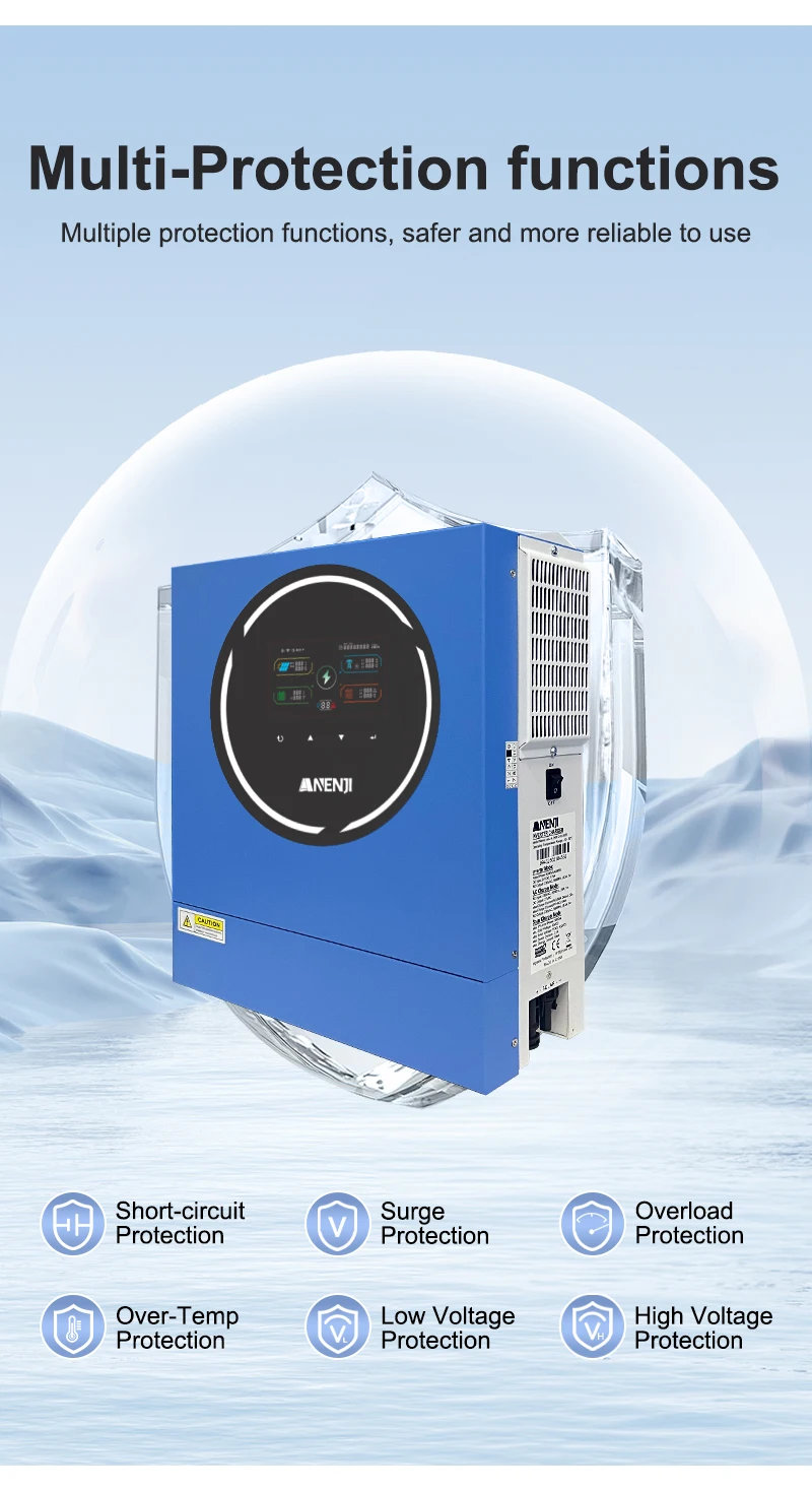 ANENJI 5KW 48V 4KW Dual output Hybrid Solar Inverter 100A MPPT Pure Sine Wave Solar Controller Dual Input PV 500VDC with WiFi