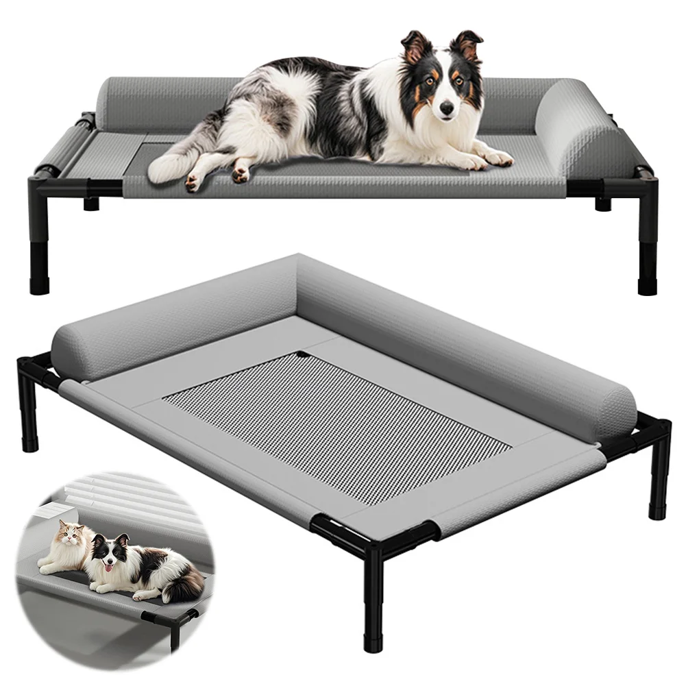 Raised Mesh Cooling Dog Cat Cot with Removable Washable Bolsters Pet Sofa Bed Cooling Pet Sofa Cot for Large Dogs Indoor Outdoor