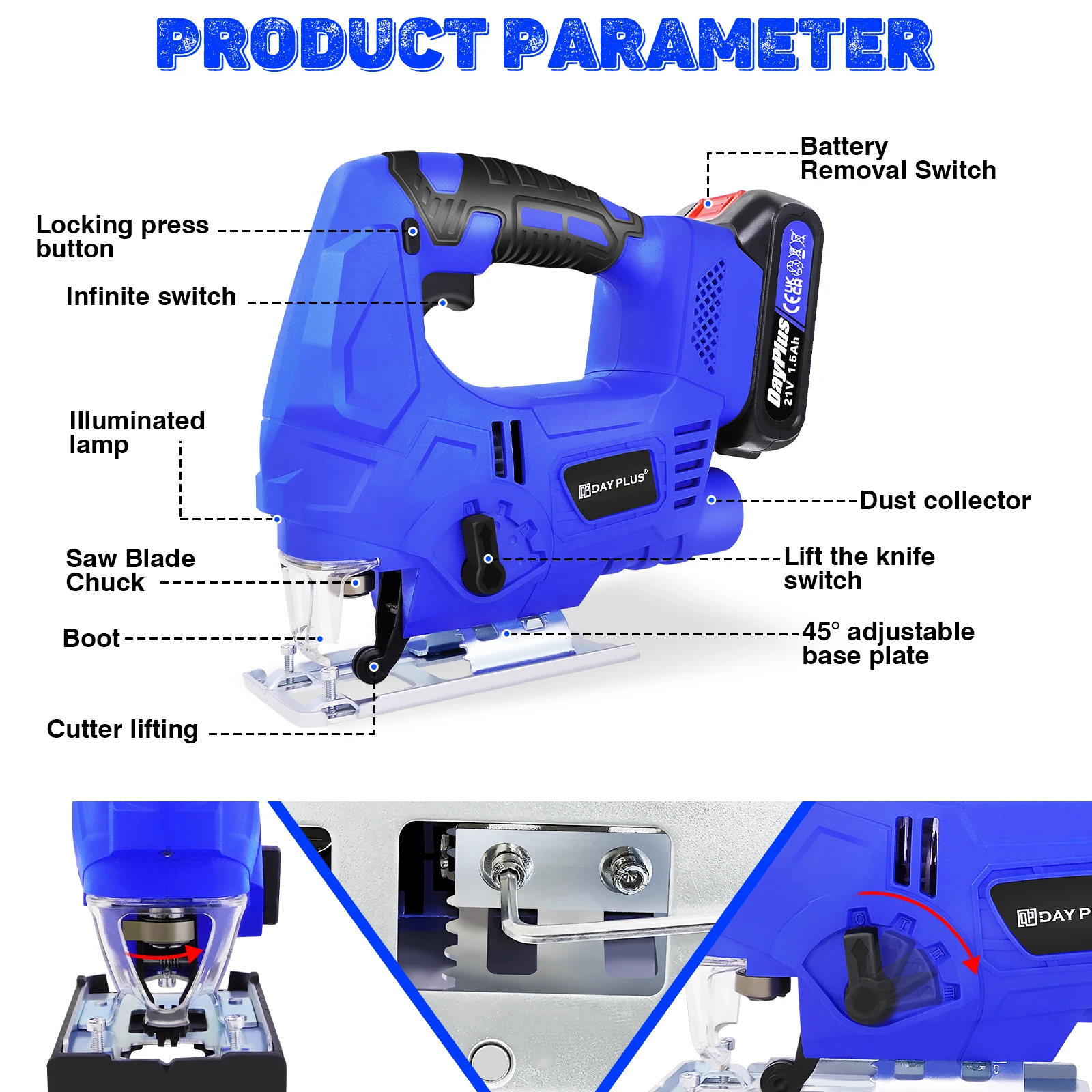 400W Cordless Jigsaw with 1500mAh Li-Ion Battery and Charger, Brushless Motor, 8pcs Blades, LED Light, 3000 SPM, for Wood Metal