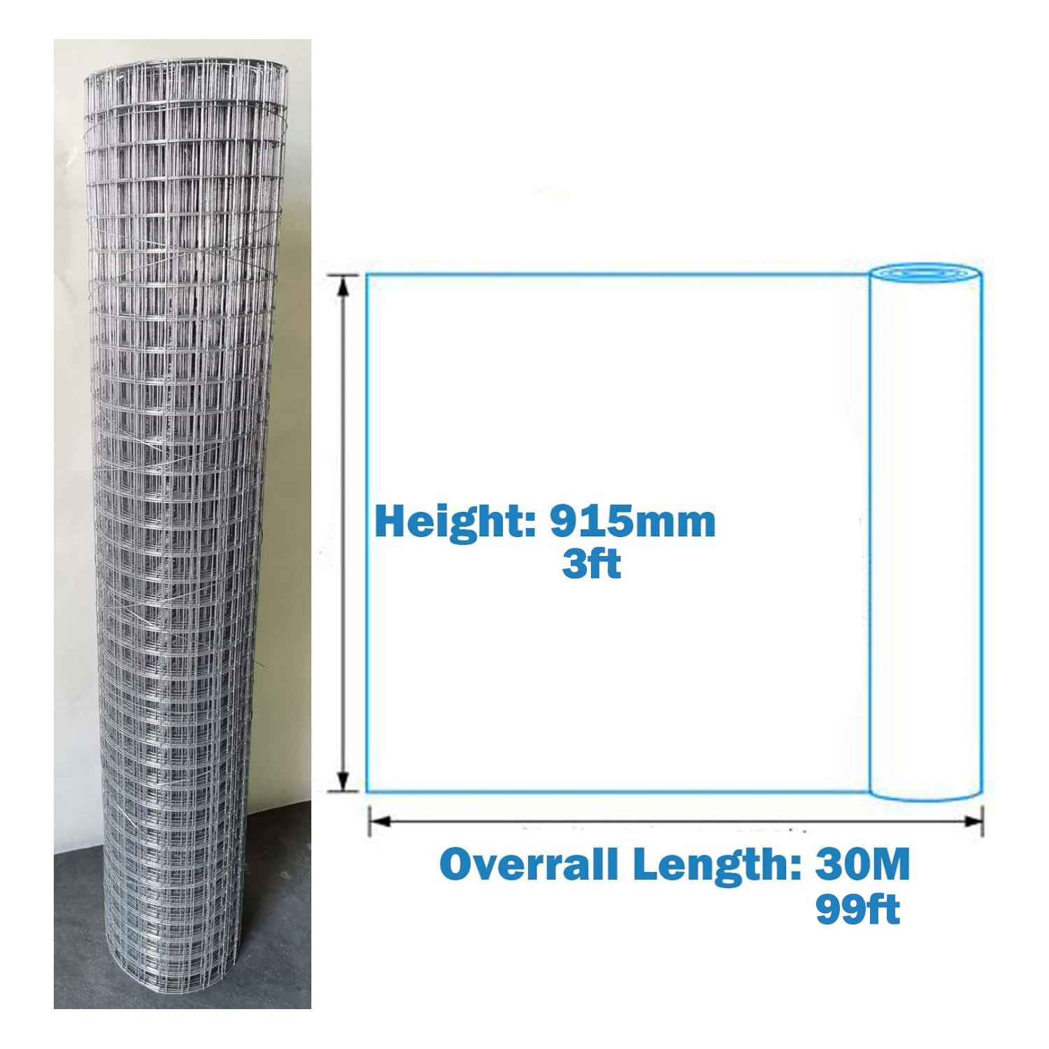 915mm x 30m Galvanized Welded Wire Mesh, Garden Fencing Netting, Hardware Cloth for Chicken Coop, Rabbit Hutch, Animal Enclosure