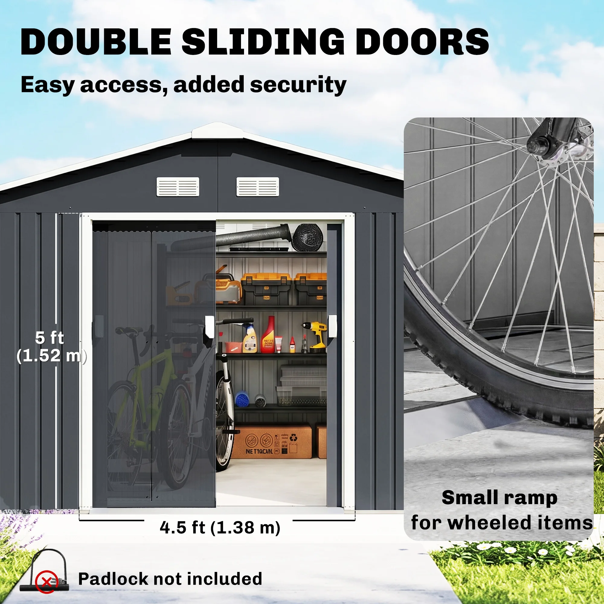 Outsunny 13 x 11ft Metal Garden Shed, Outdoor Storage Tool House with Ventilation Slots, Grey
