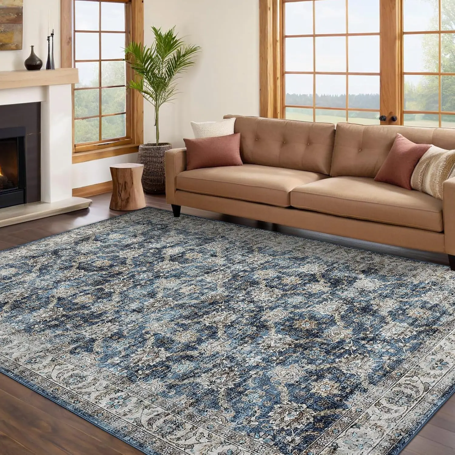 Vintage Floral Area Rug for Living Room Washable Farmhouse Distressed Indoor Carpet Low Pile Soft Accent Throw Rug for Bedroom