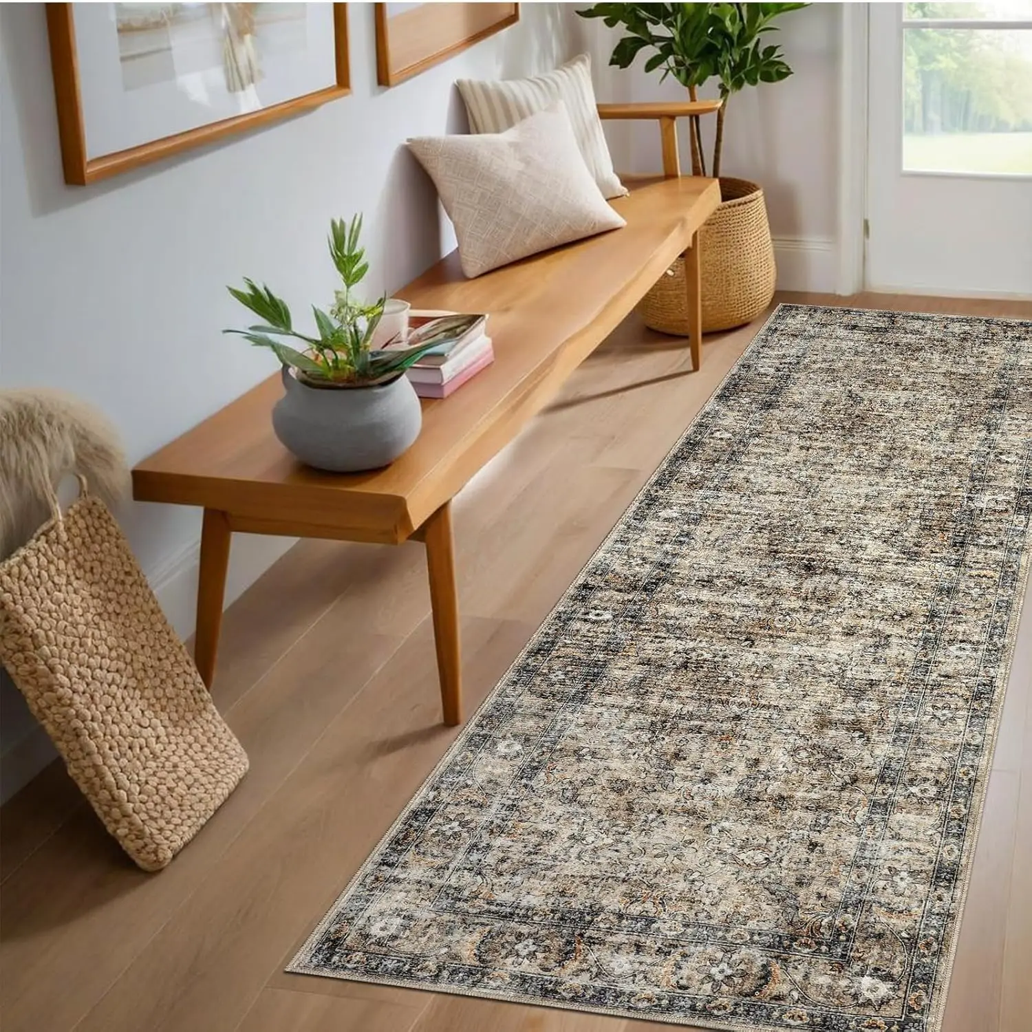 Vintage Floral Area Rug for Living Room Washable Farmhouse Distressed Indoor Carpet Low Pile Soft Accent Throw Rug for Bedroom