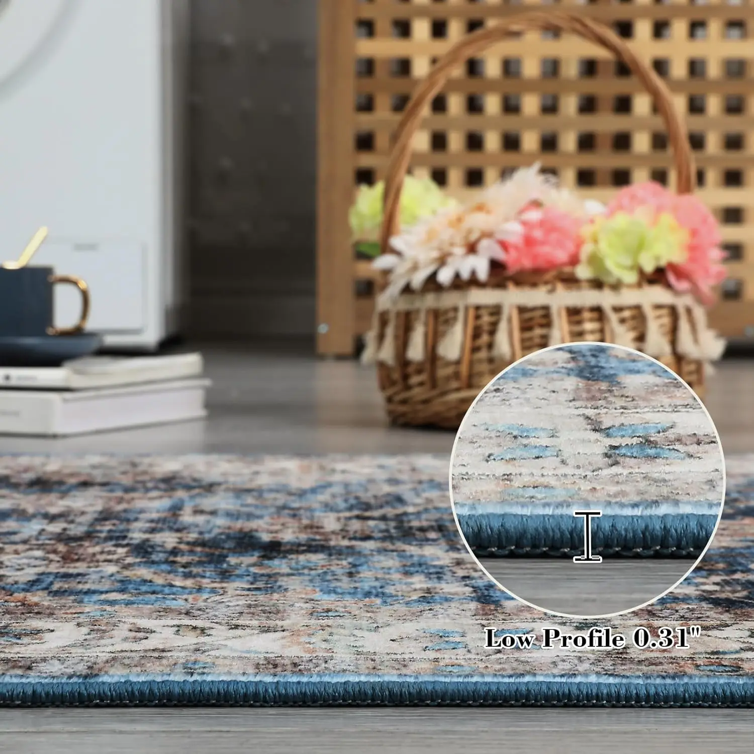 Vintage Floral Area Rug for Living Room Washable Farmhouse Distressed Indoor Carpet Low Pile Soft Accent Throw Rug for Bedroom