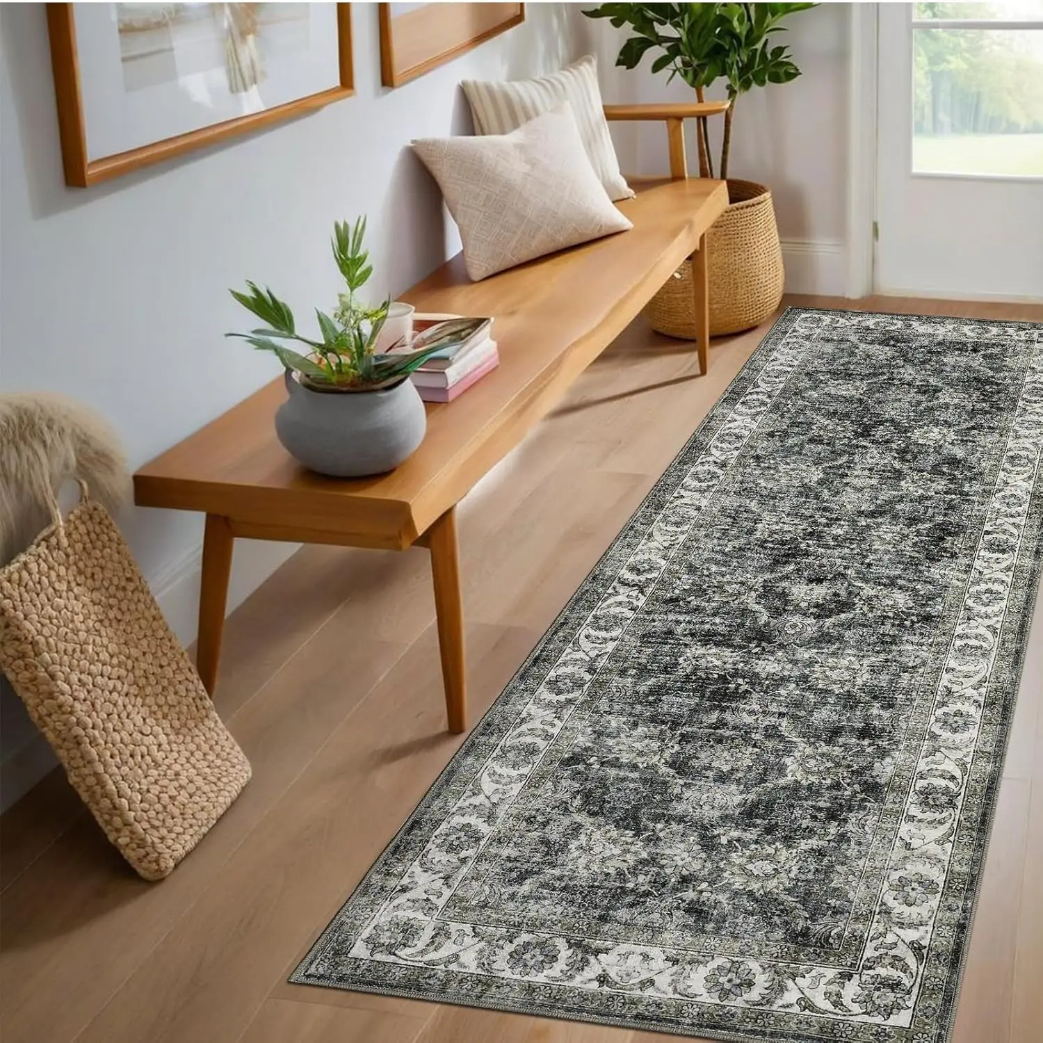 Vintage Floral Area Rug for Living Room Washable Farmhouse Distressed Indoor Carpet Low Pile Soft Accent Throw Rug for Bedroom
