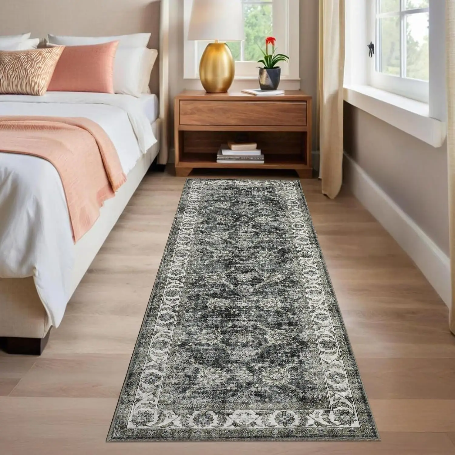 Vintage Floral Area Rug for Living Room Washable Farmhouse Distressed Indoor Carpet Low Pile Soft Accent Throw Rug for Bedroom