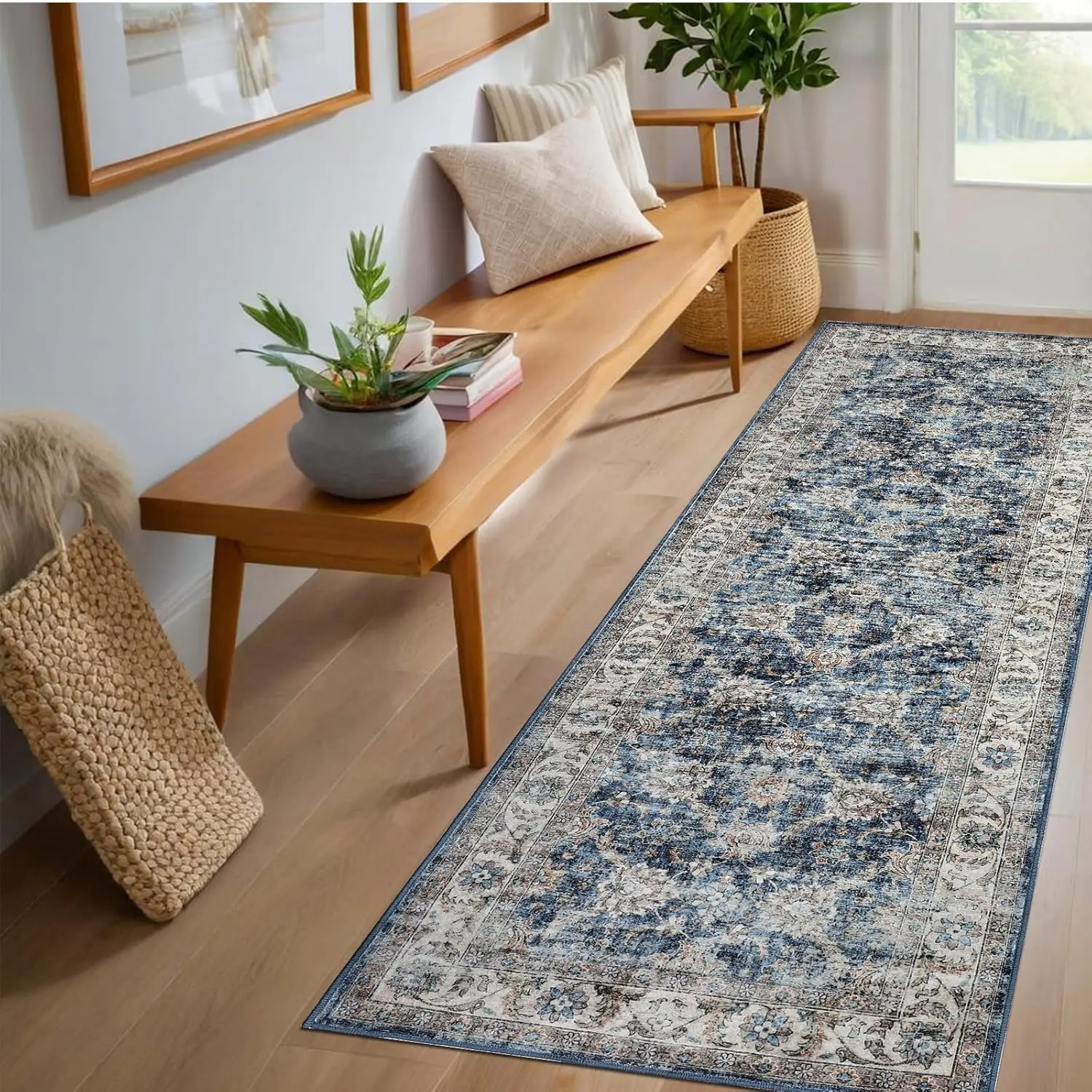 Vintage Floral Area Rug for Living Room Washable Farmhouse Distressed Indoor Carpet Low Pile Soft Accent Throw Rug for Bedroom