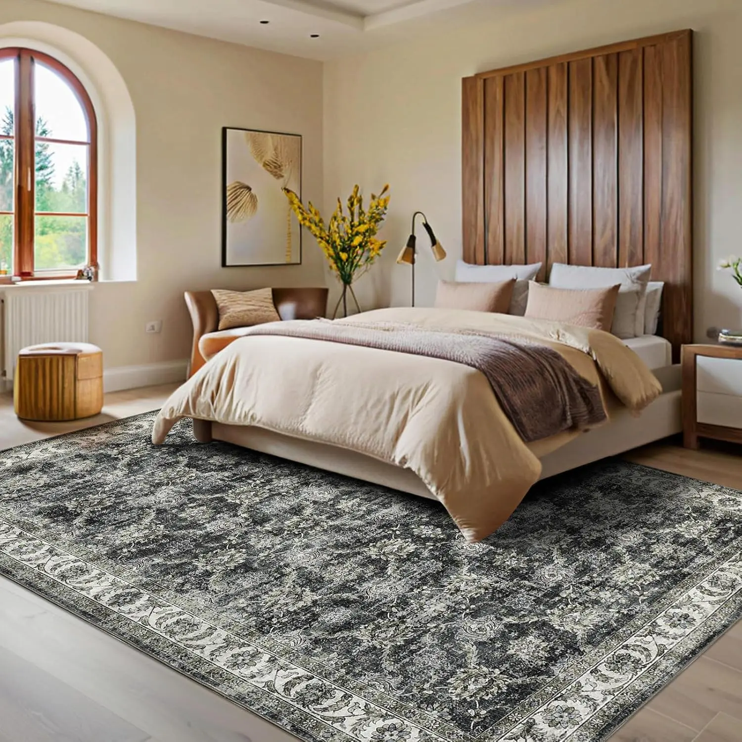 Vintage Floral Area Rug for Living Room Washable Farmhouse Distressed Indoor Carpet Low Pile Soft Accent Throw Rug for Bedroom