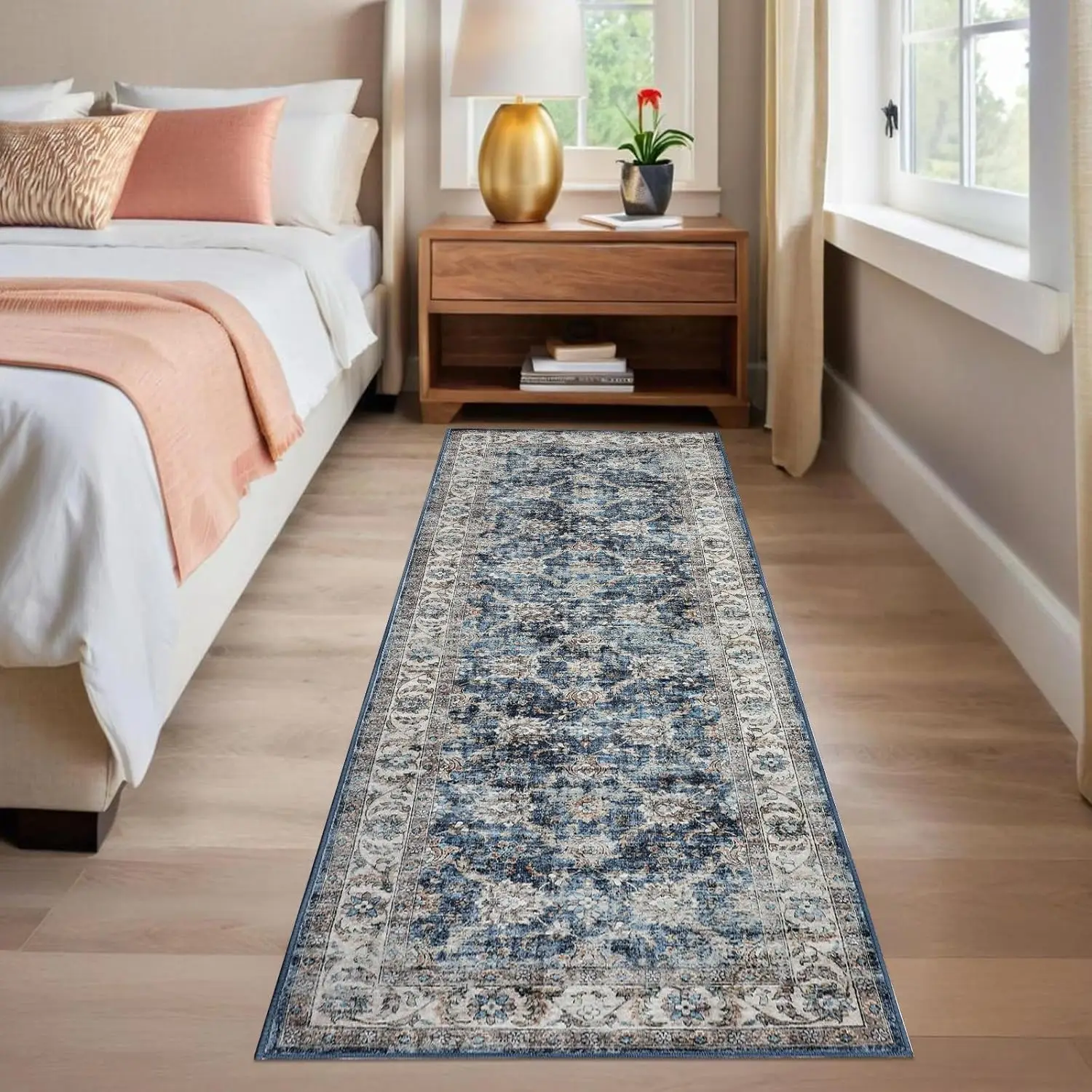 Vintage Floral Area Rug for Living Room Washable Farmhouse Distressed Indoor Carpet Low Pile Soft Accent Throw Rug for Bedroom