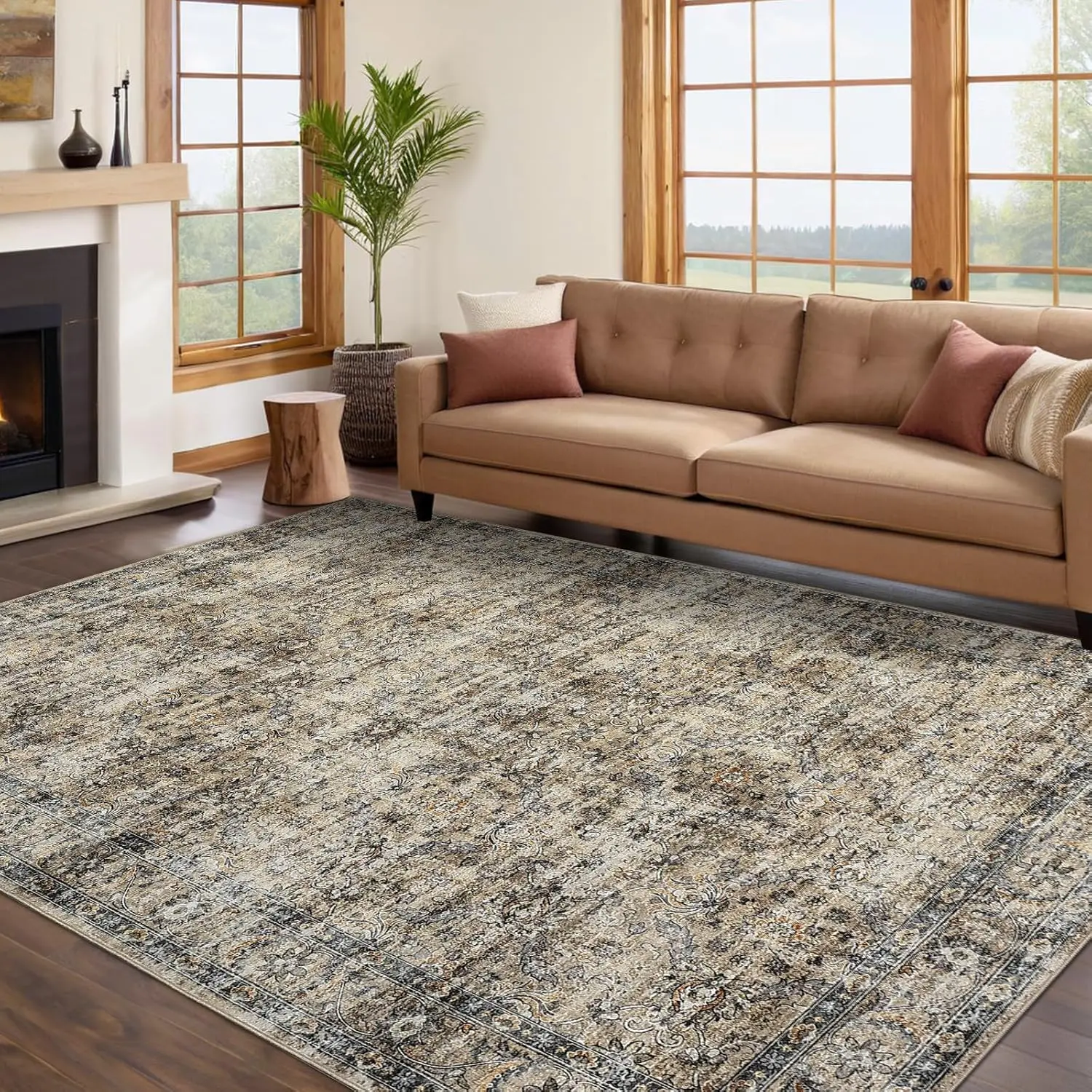 Vintage Floral Area Rug for Living Room Washable Farmhouse Distressed Indoor Carpet Low Pile Soft Accent Throw Rug for Bedroom