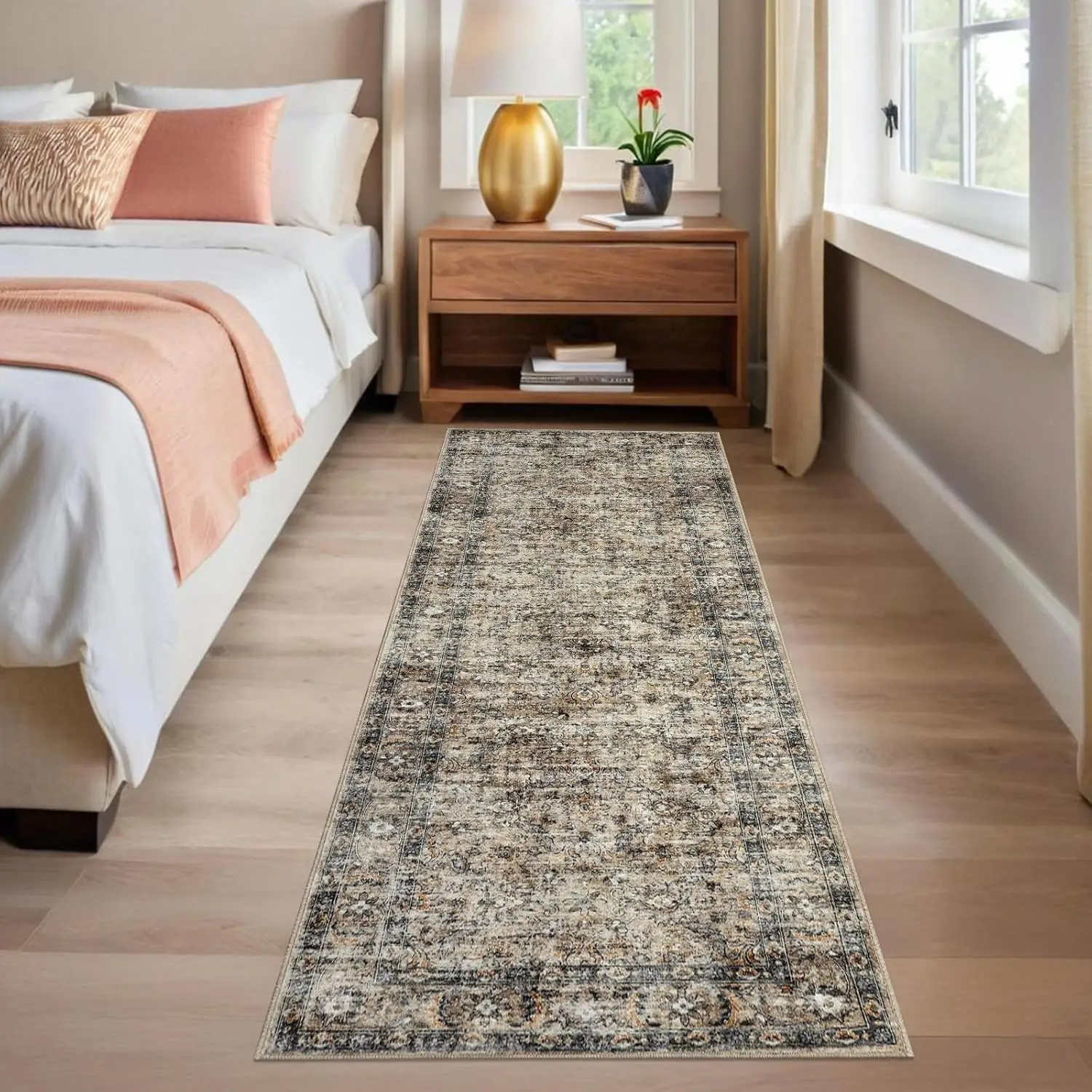 Vintage Floral Area Rug for Living Room Washable Farmhouse Distressed Indoor Carpet Low Pile Soft Accent Throw Rug for Bedroom