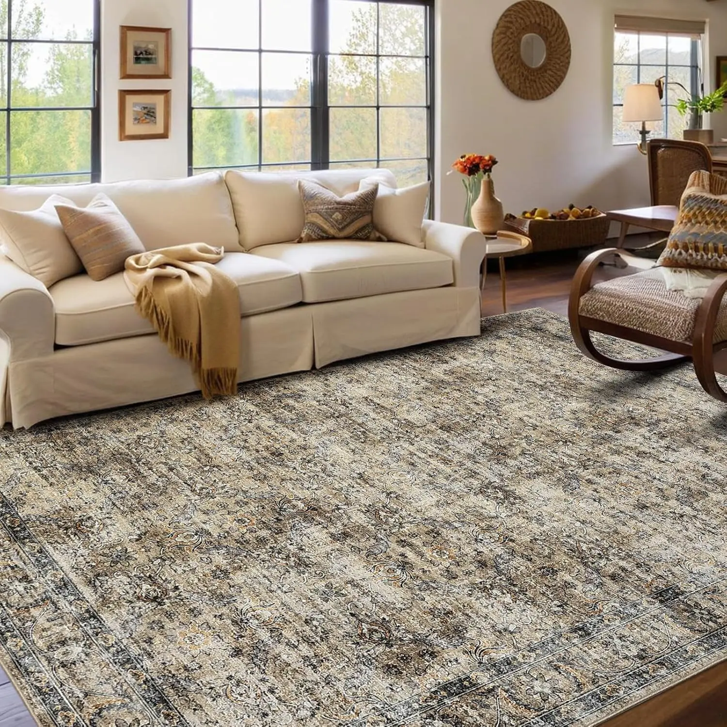 Vintage Floral Area Rug for Living Room Washable Farmhouse Distressed Indoor Carpet Low Pile Soft Accent Throw Rug for Bedroom