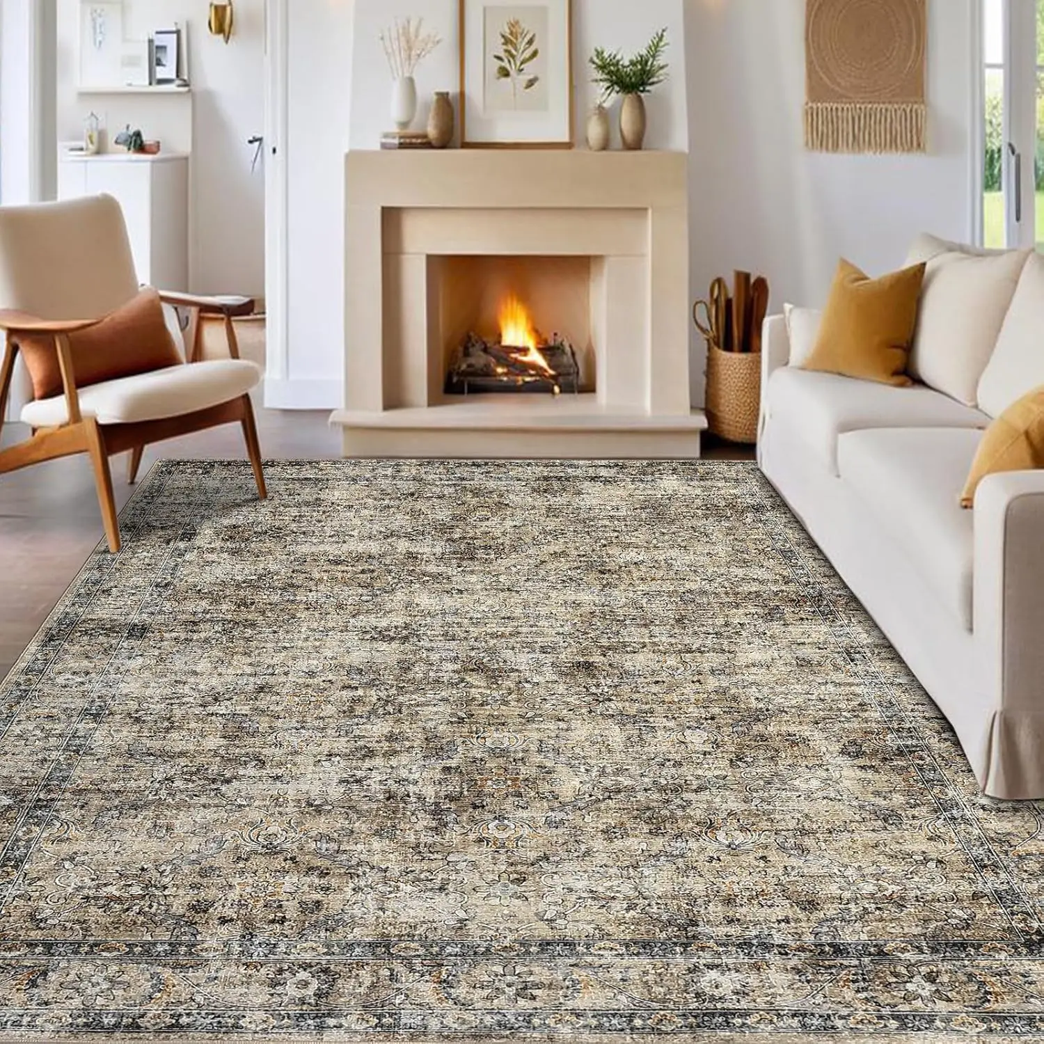 Vintage Floral Area Rug for Living Room Washable Farmhouse Distressed Indoor Carpet Low Pile Soft Accent Throw Rug for Bedroom