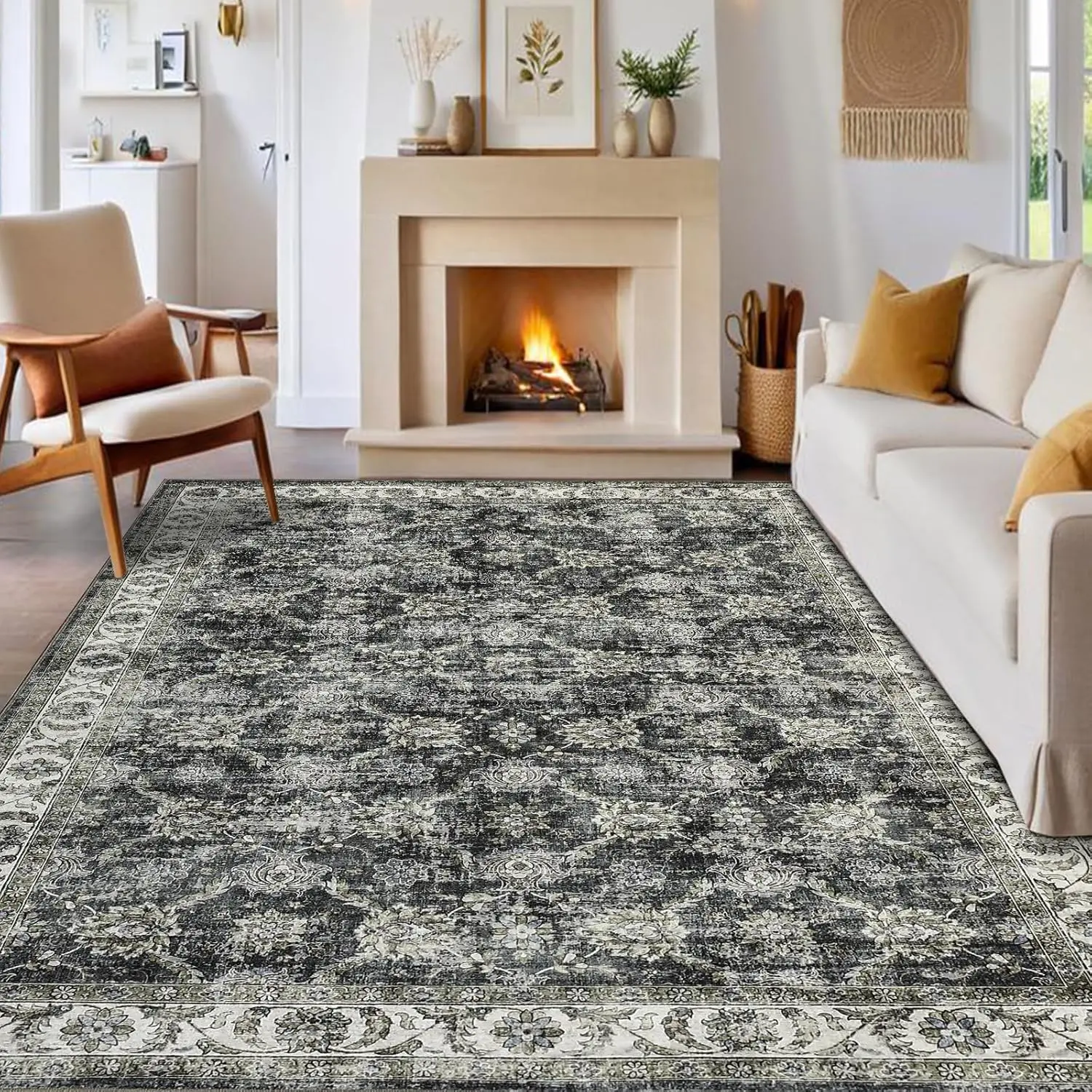 Vintage Floral Area Rug for Living Room Washable Farmhouse Distressed Indoor Carpet Low Pile Soft Accent Throw Rug for Bedroom