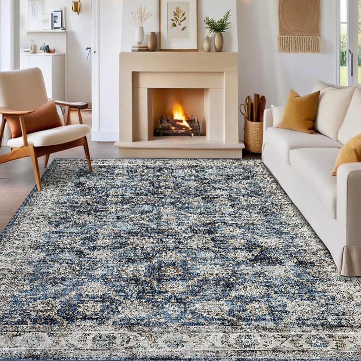 Vintage Floral Area Rug for Living Room Washable Farmhouse Distressed Indoor Carpet Low Pile Soft Accent Throw Rug for Bedroom