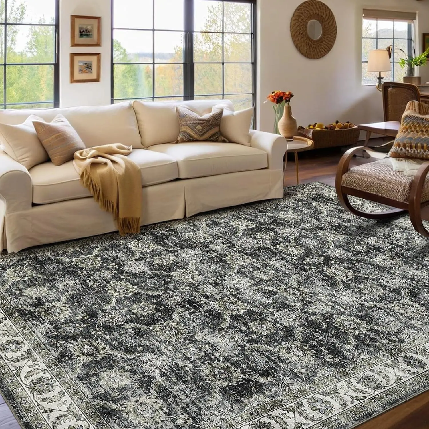 Vintage Floral Area Rug for Living Room Washable Farmhouse Distressed Indoor Carpet Low Pile Soft Accent Throw Rug for Bedroom
