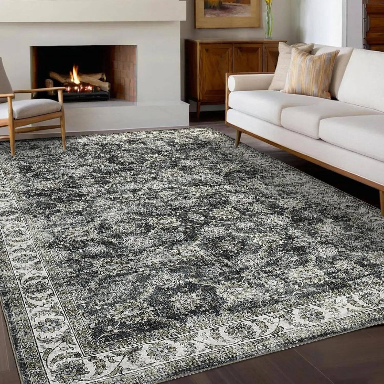 Vintage Floral Area Rug for Living Room Washable Farmhouse Distressed Indoor Carpet Low Pile Soft Accent Throw Rug for Bedroom