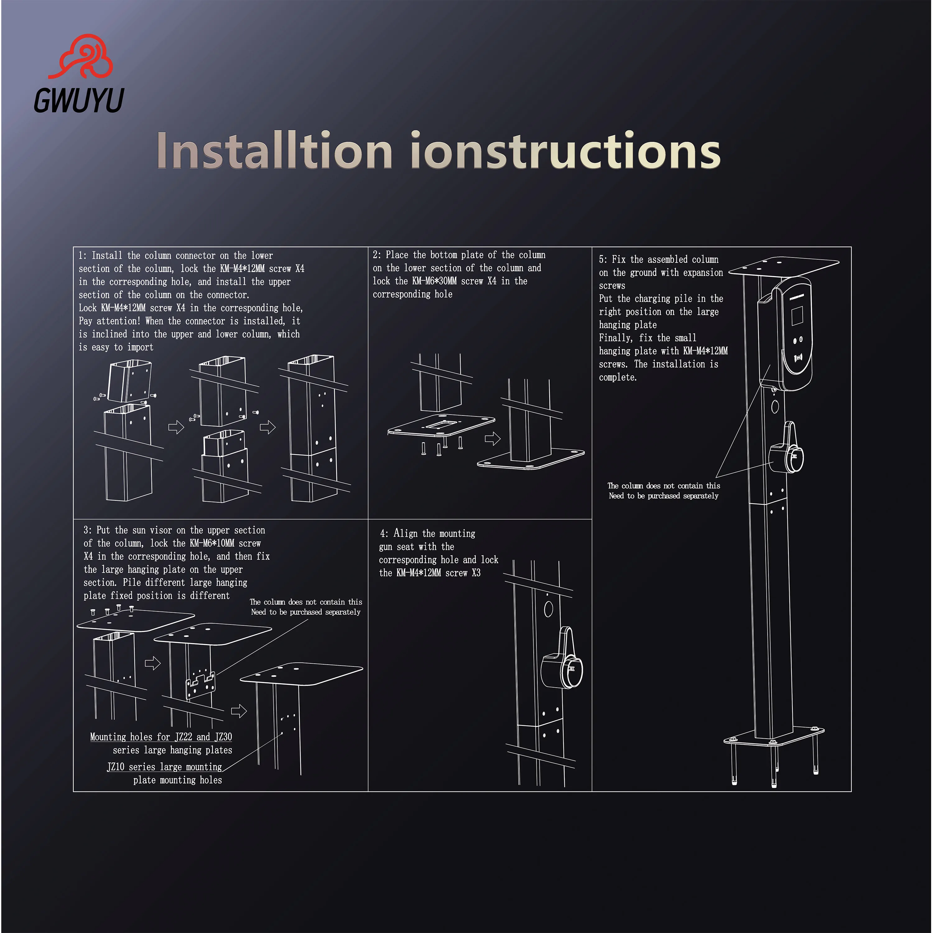 GWUYU EV Charging Holder Pedestal Stand Easy to Install Universal EV Charging Mounting Pole Aluminum Alloy EVSE Pillar Stand