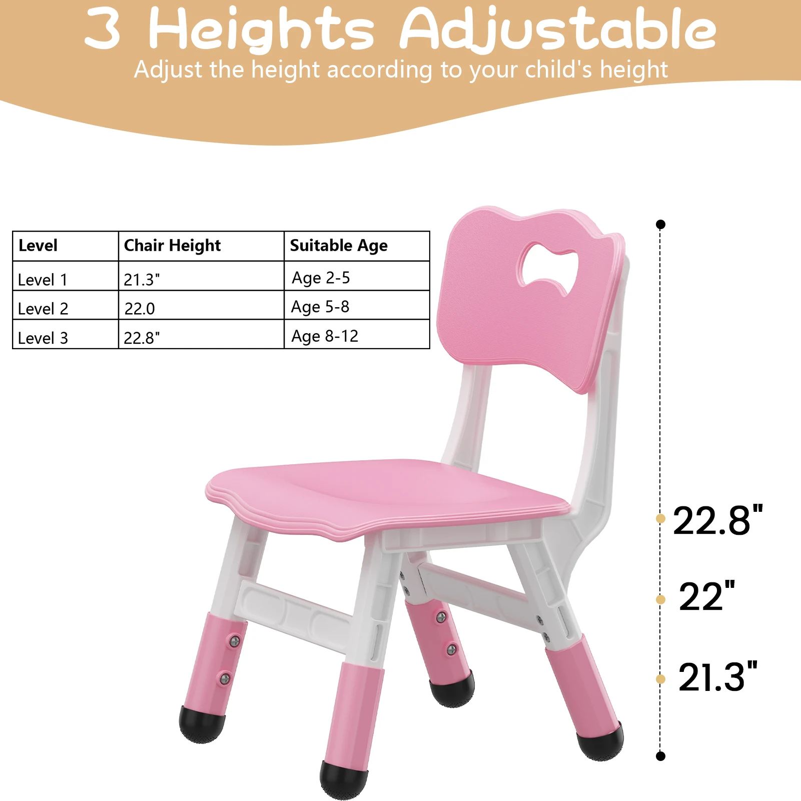 Kids Chairs 2 Pack, 3 Level Height Adjustable Chairs for Children Girls Boys , Plastic Kids Chair for Home Family Classroom