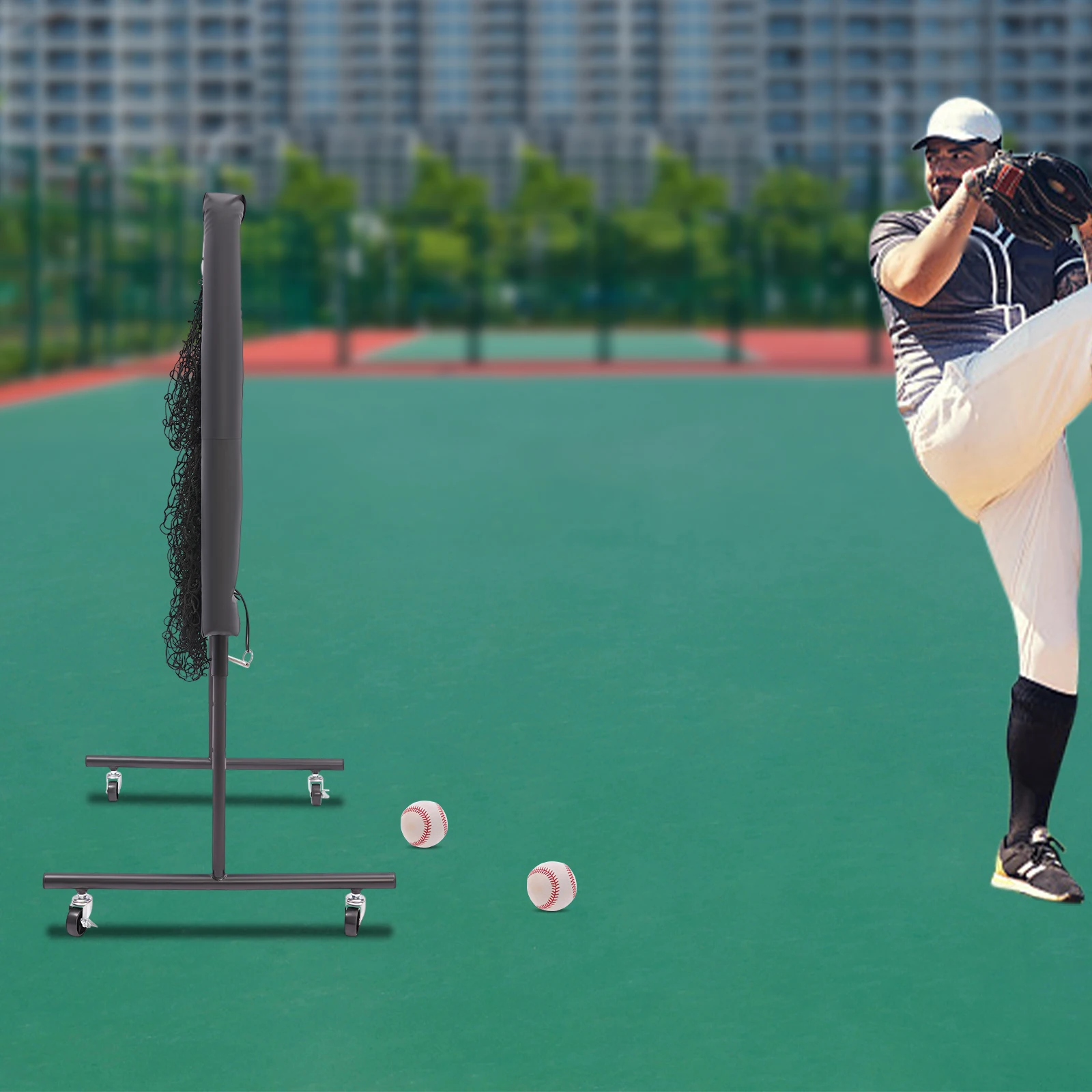 Portable Baseball Training Net with 360° Wheels, 3 Height Adjustable for Backyard Practice, Improves Pitching & Aiming Skills